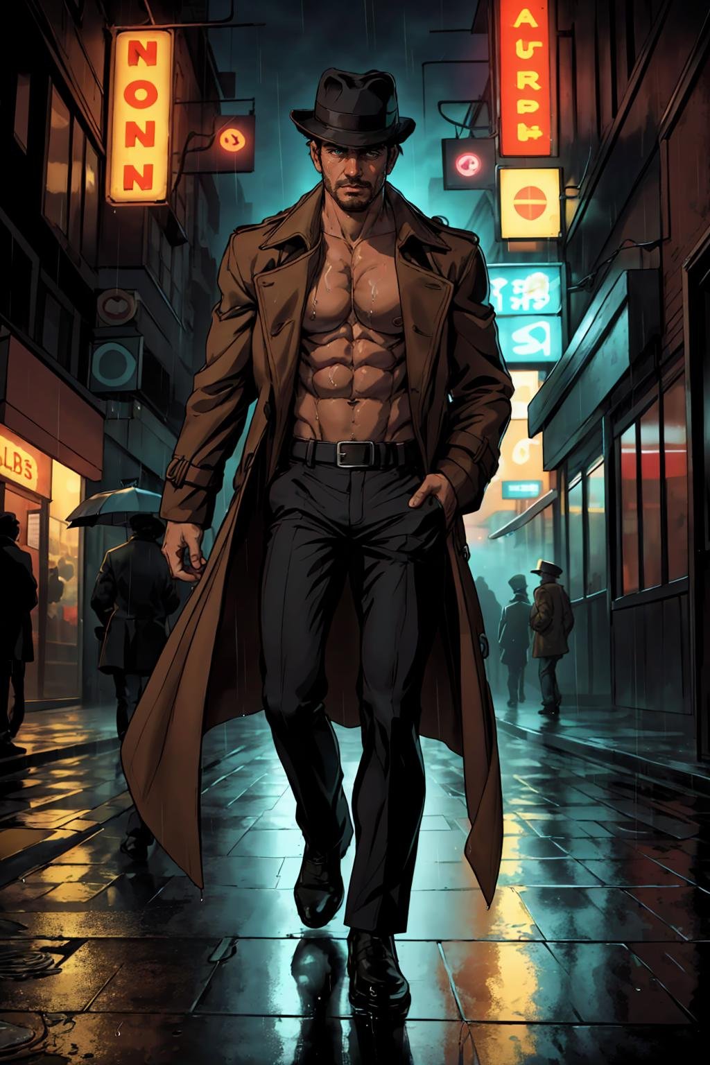 a cinematic scene featuring an Italian man strolling down a dimly lit, rain-soaked street in a 1960s noir setting, The man should exude the charm and style of the era, dressed in a (brown trenchcoat) and fedora, The street should be bathed in the glow of neon signs, casting dramatic shadows and reflections on the wet pavement, Capture the atmosphere of mystery and intrigue that is characteristic of noir films from that era, (muted colors:1.5), fog, (night), large pectorals, abs, nipples, shirtless, best quality, masterpiece, detailed background, depth of field, intricate details