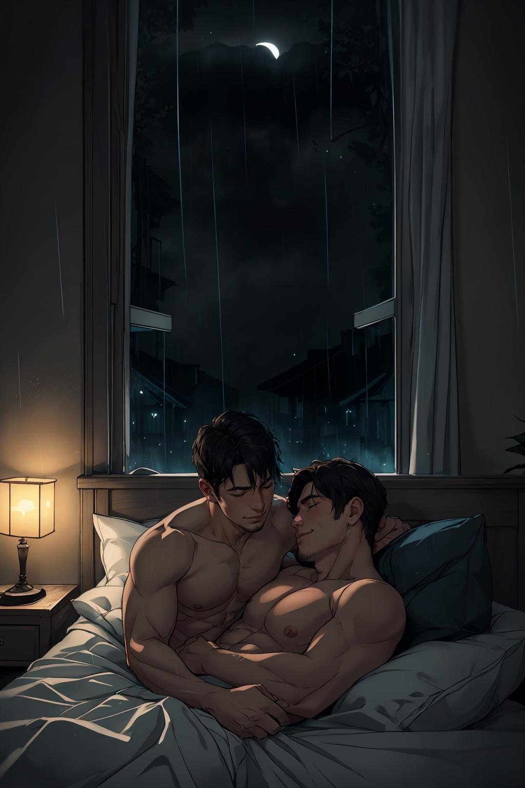 Generate a heartwarming and cinematic bedroom scene. In a cozy and tastefully decorated bedroom with soft, dimmed lighting, two loving men, Alex and James, are peacefully sleeping side by side in a king-sized bed adorned with plush blankets and pillows. The rain is gently tapping against the windowpane, creating a soothing ambiance. Capture the scene from a slightly elevated angle, allowing the viewer to appreciate the tenderness of their embrace and the affectionate smiles on their faces as they dream together on this rainy night. Convey the warmth and intimacy of their relationship, the comfort of their shared space, and the tranquility of the rainy evening outside, (night:1.4), fog, condensation, (dark atmosphere:1.5), pectorals, nude, best quality, masterpiece, detailed background, depth of field, intricate details