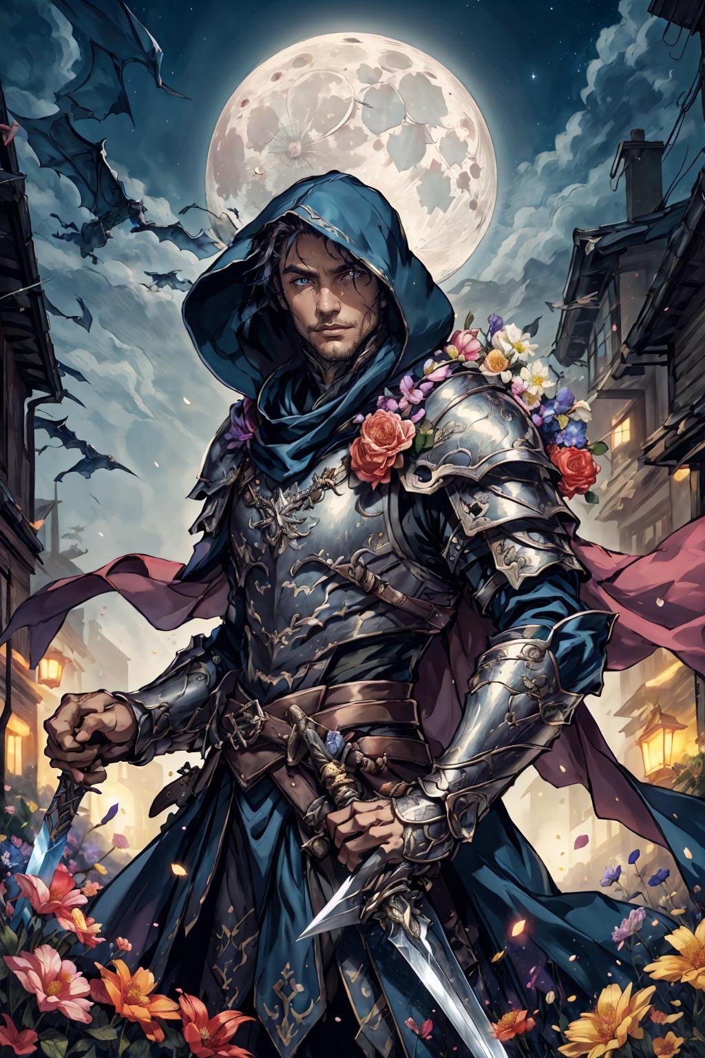 flower4rmor, photo of a Peruvian man wearing flower rogue armor, fantasy medieval city background, dynamic movement, holding flower daggers, cloak, hood, alley, (night), moon, close up, best quality, masterpiece, detailed background, depth of field, intricate details