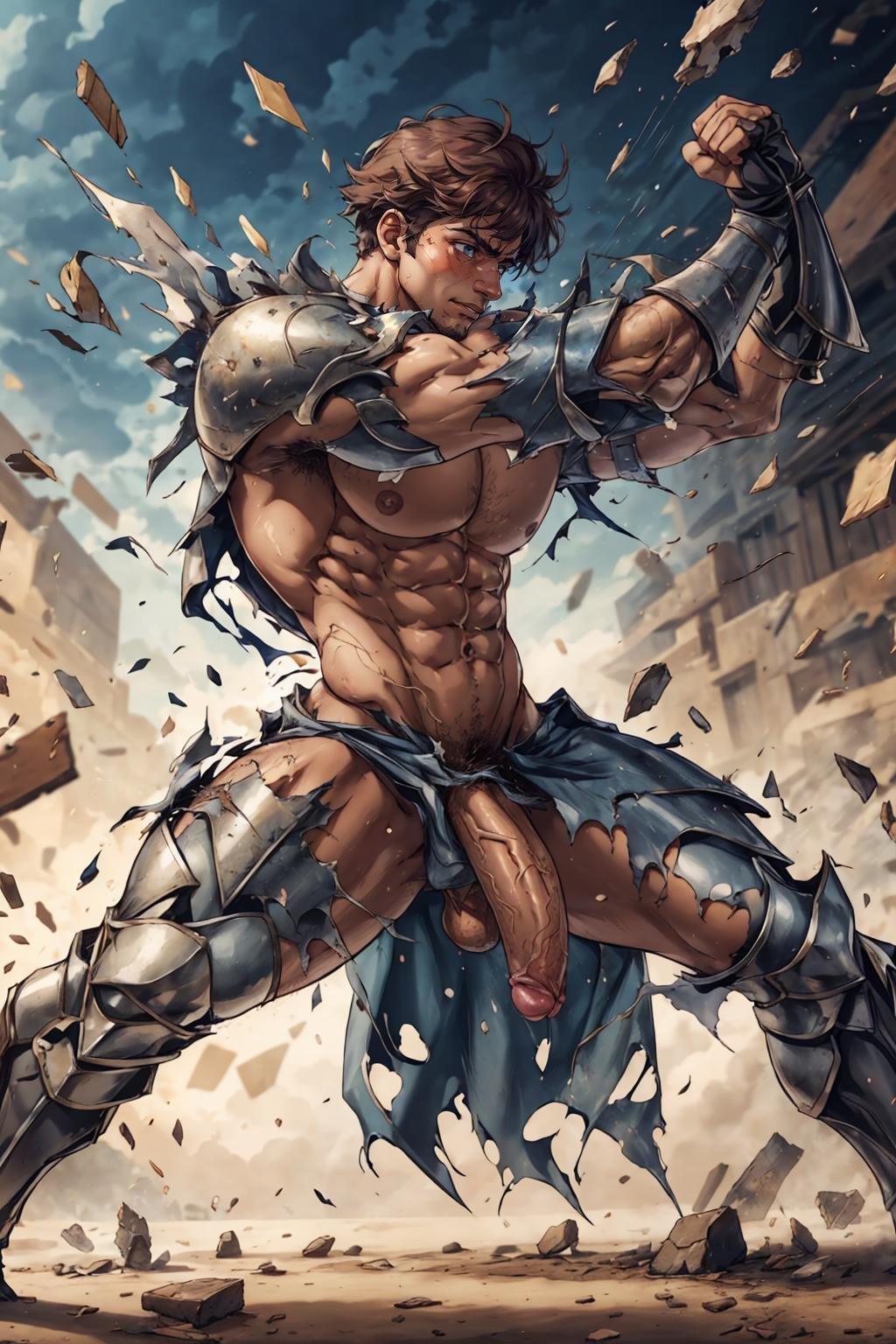 4rmorbre4k, torn clothes, broken armor, debris, injury, pained expression, embarrassed, blush, pectorals, abs, ((fighting stance)), dynamic pose, medieval fantasy background, close up, face portrait, full armor, from side, flaccid, penis, nude, best quality, masterpiece, detailed background, depth of field, intricate details