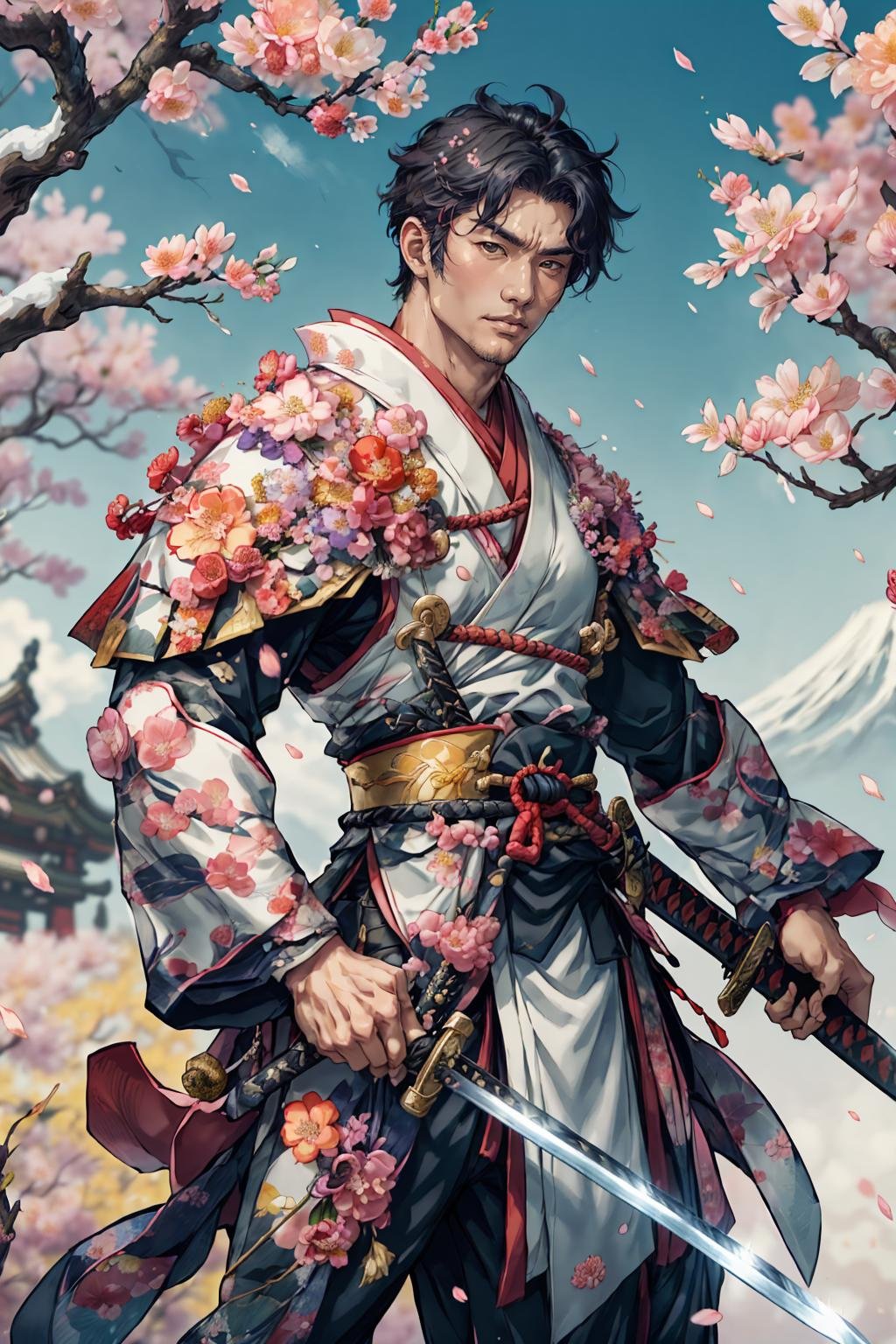 flower4rmor, photo of a (japanese man) wearing cherry blossom flower samurai robes, holding katana sword, ancient japan fantasy background, fighting stance, best quality, masterpiece, detailed background, depth of field, intricate details