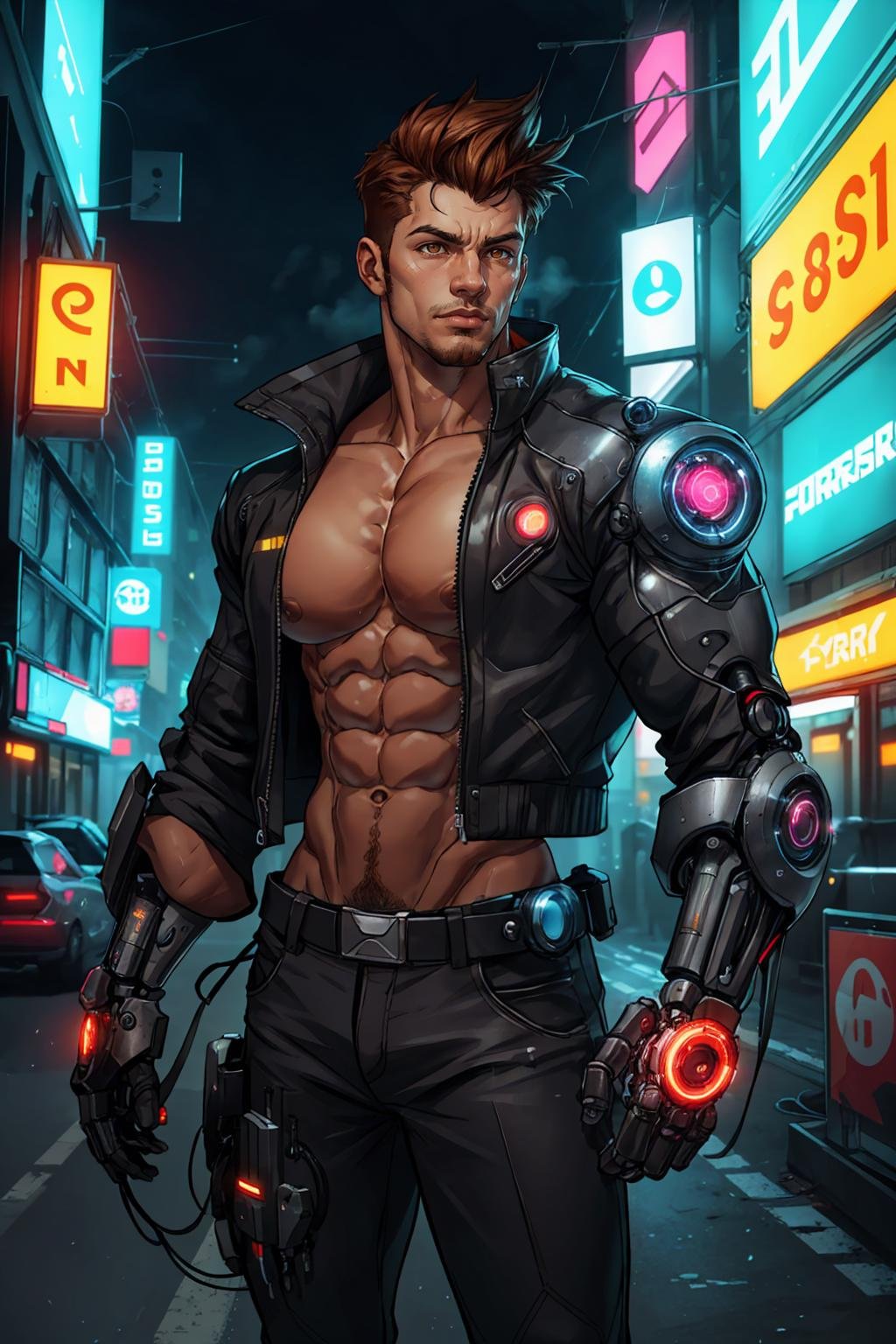 photo of a handsome male cyborg wearing futuristic black jacket with glowing lining, neon city lights, sharp focus, futuristic cyberpunk city street, soft lighting, (smirk:0.7), portrait, (close up:1), cybernetic parts, science fiction, huge pectorals, glowing orange cybernetic eyes, (brown eyes), looking away, skinny, lean muscles, (18 years old), sideswept hair, neonpunk, volumetric fog, cinematic, vibrant colors, mechanical parts, cyborg, pants, pectorals, abs, best quality, masterpiece, detailed background, depth of field, intricate details