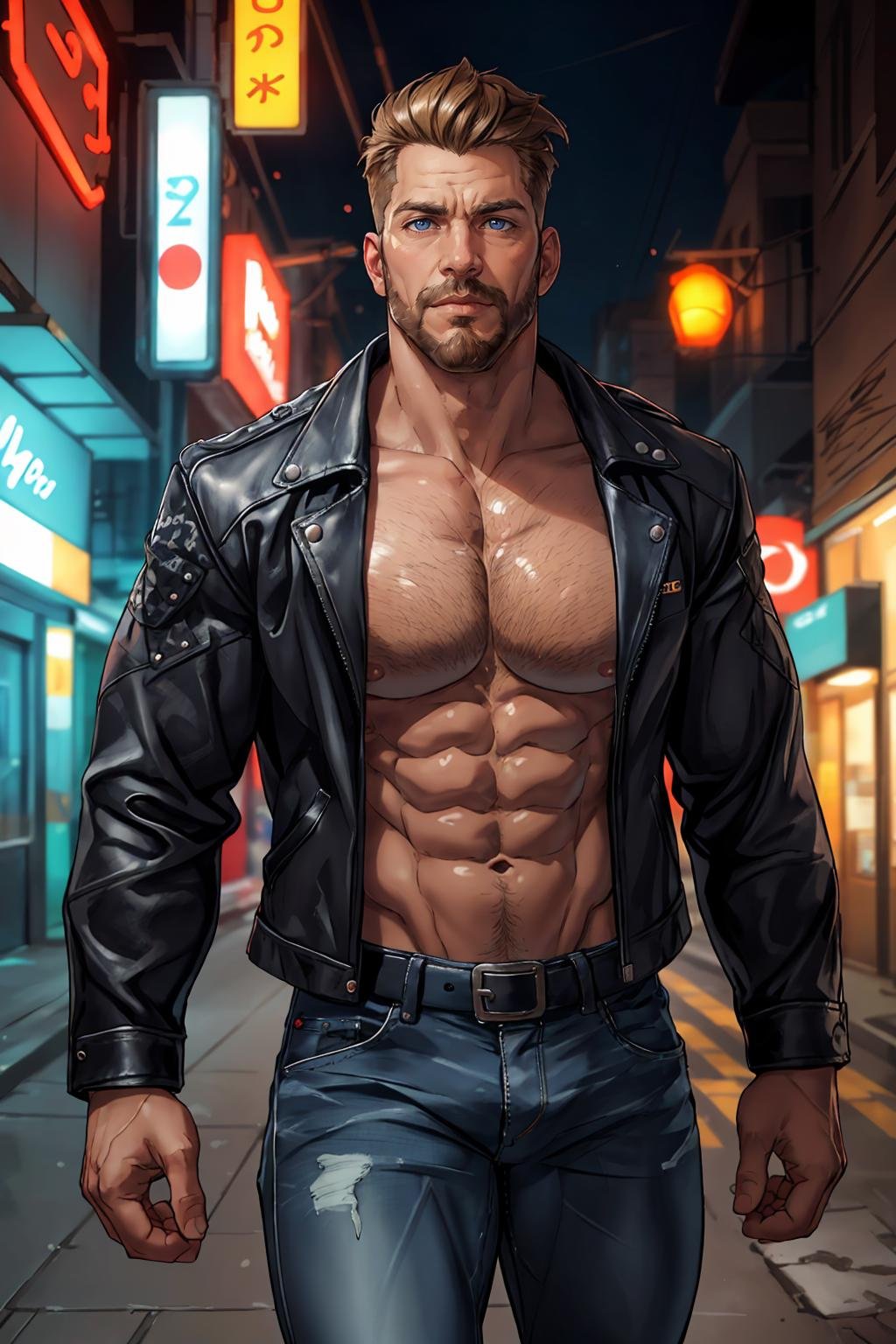 photo of a rugged man wearing leather jacket and jeans, soft focus, photo by mark henderson, cinematic, natural lighting, muted colors, night, bokeh, face portrait, (extreme close up:1), urban, huge pectorals, beard, dynamic pose, muscular, fog, red and blue neon city lights, alley, best quality, masterpiece, detailed background, depth of field, intricate details