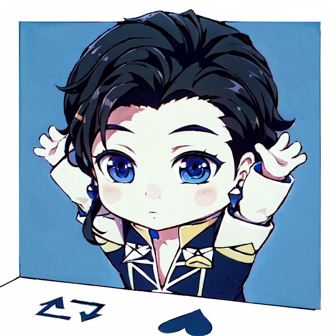 Highly detailed, High Quality, Masterpiece, beautiful, BongoCatP1, arms up, <lora:BongoCat-09:1.0>, ClaudePre, <lora:Char_FireEmblem_Claude:0.9>, chibi, black hair, blue eyes