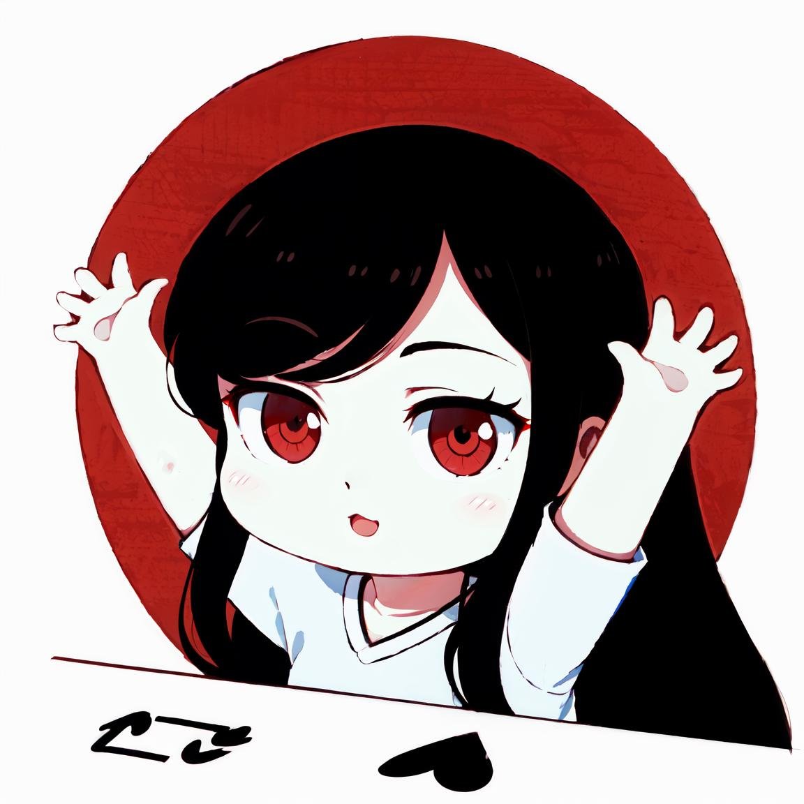 Highly detailed, High Quality, Masterpiece, beautiful, BongoCatP1, arms up,  <lora:BongoCat-09:1.0>, black hair, red eyes, shirt, white shirt, long hair