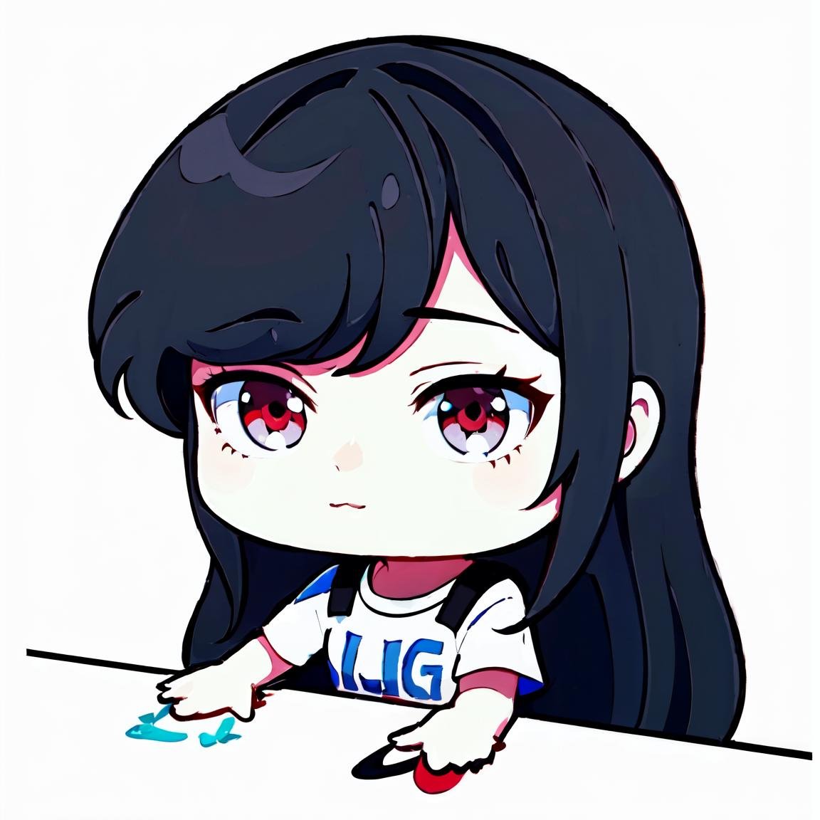 Highly detailed, High Quality, Masterpiece, beautiful, BongoCatP2, <lora:BongoCat-09:1.0>, black hair, red eyes, shirt, white shirt, long hair