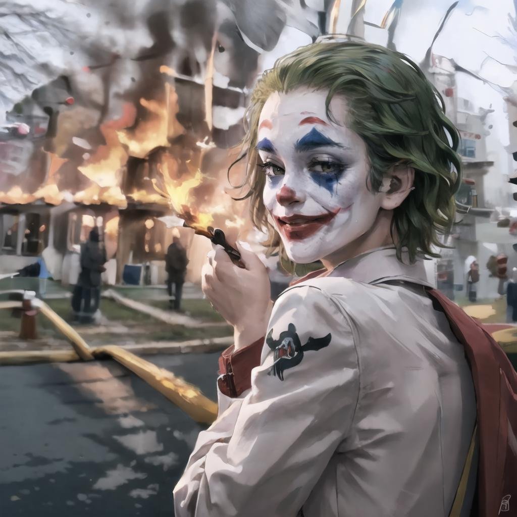 Highly detailed, High Quality, Masterpiece, beautiful, 1boy, IncrsDisasterGirlMeme, fire, smile, outdoors, <lora:DisasterGirlMeme:1>, The Joker, <lora:Char_Sigmas_Joker:0.5>