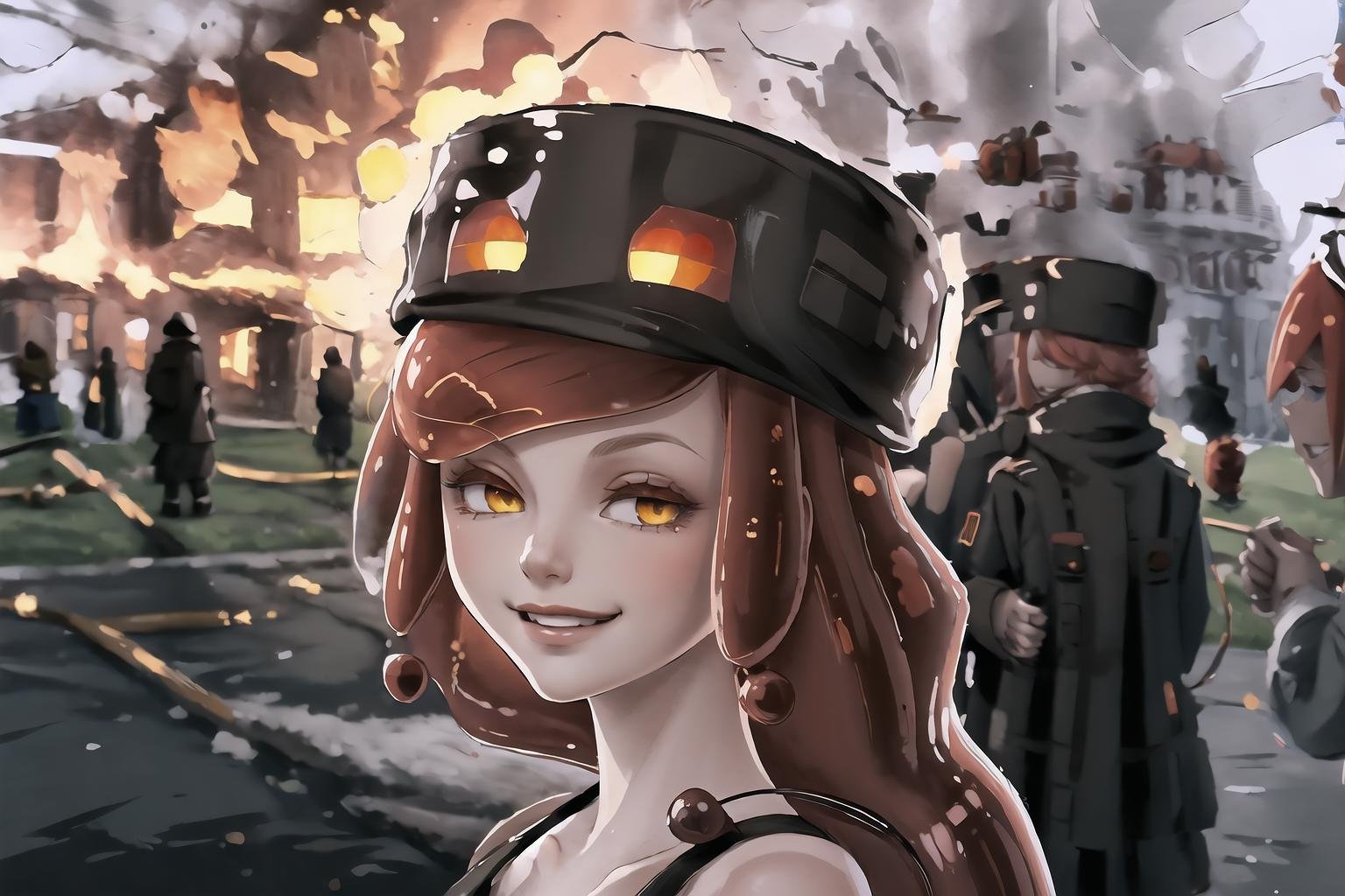 Highly detailed, High Quality, Masterpiece, beautiful, 1girl, IncrsDisasterGirlMeme, fire, smile, outdoors, <lora:DisasterGirlMeme:1.2>, mcmagma, slime girl, colored skin, yellow eyes, red hair, hat, <lora:Char_Meme_MagmaCube:0.9>