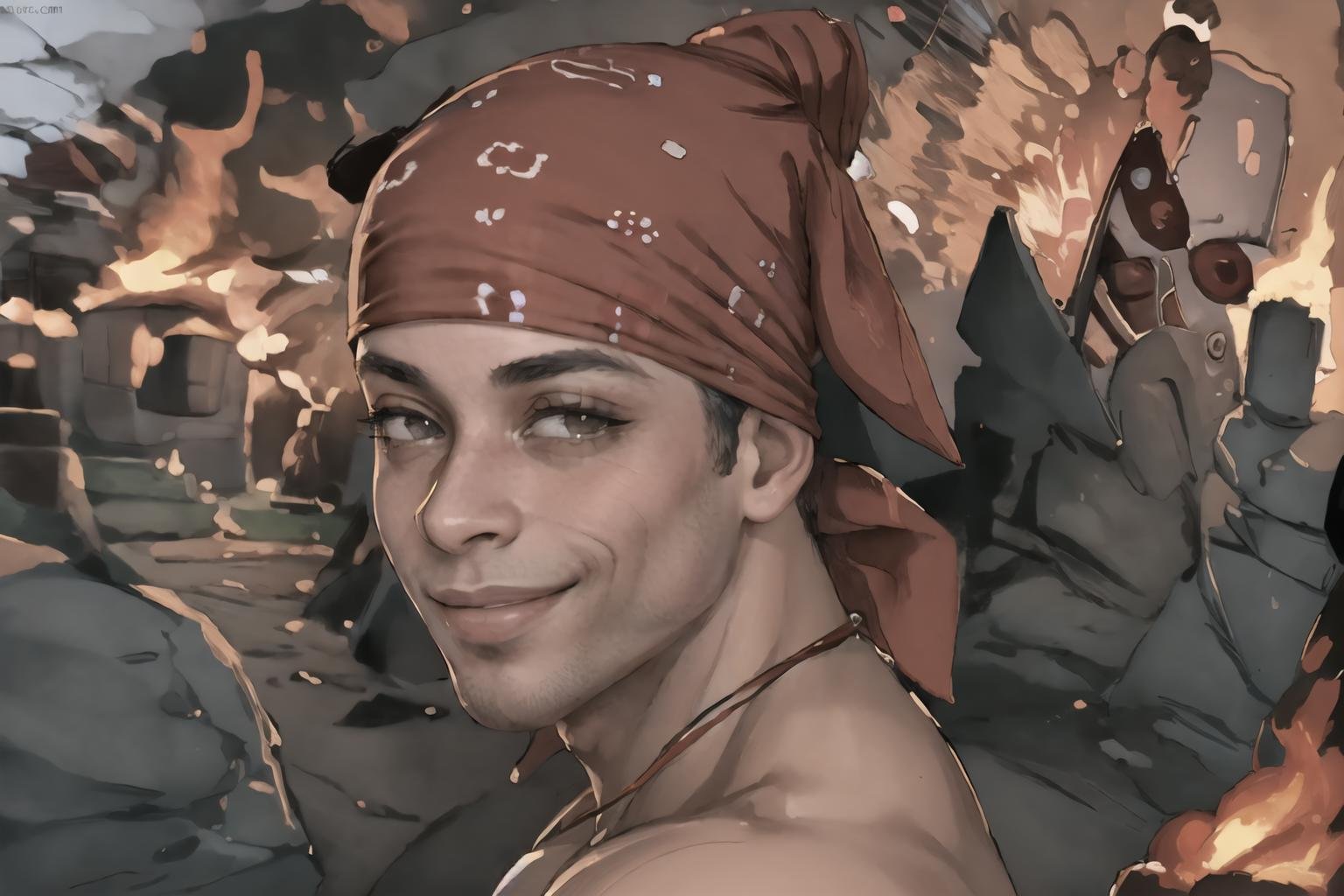 Highly detailed, High Quality, Masterpiece, beautiful, 1boy, IncrsDisasterGirlMeme, fire, smile, outdoors, <lora:DisasterGirlMeme:1.2>, Ricardo, red bandana on the head, <lora:Char_Sigmas_RicardoMilos:0.9>