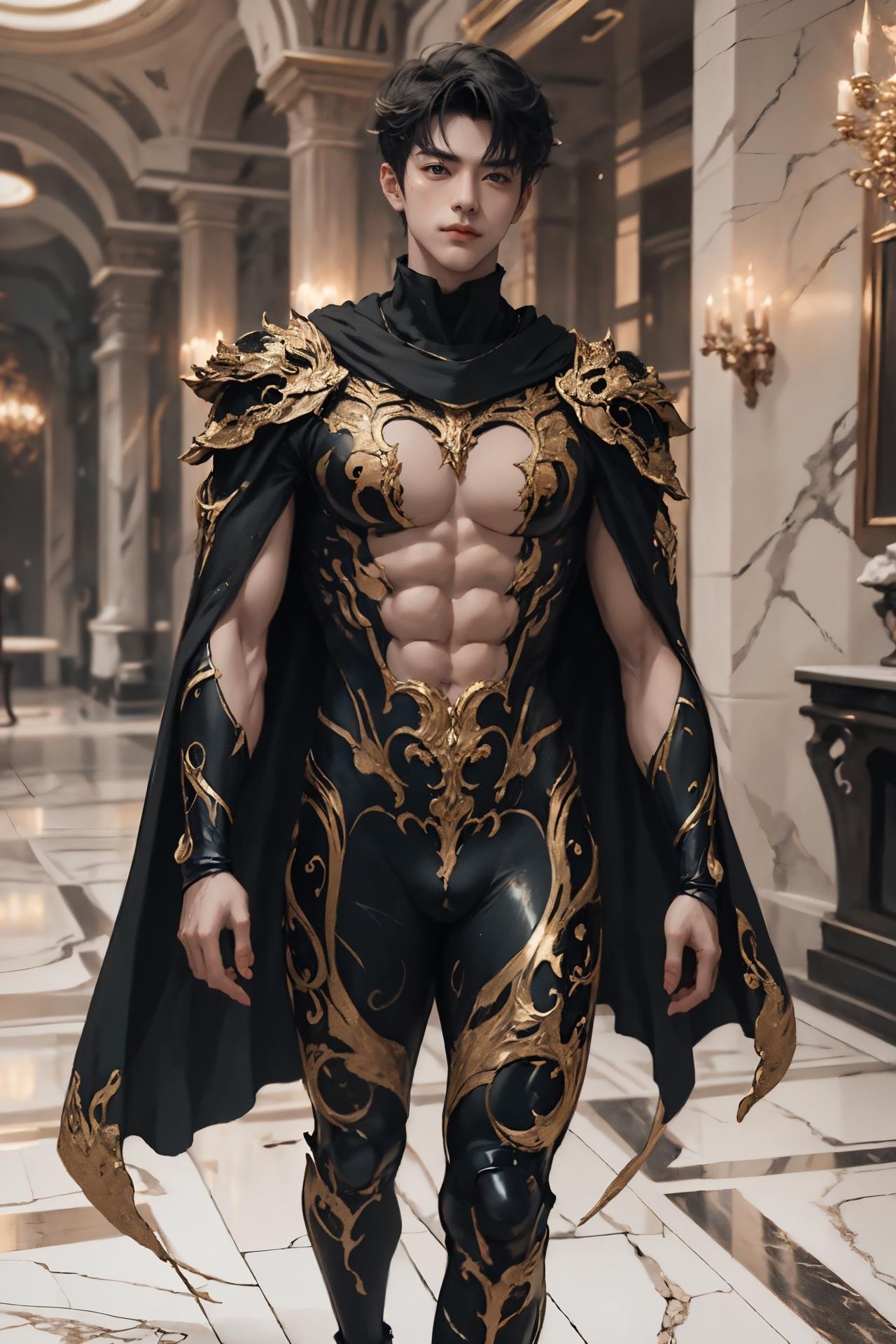 absurdres, intricate details, masterpiece, best quality, high resolution, 8k,1boy, (marb1e4rmor, marble bodysuit:1.2), cape,looking at viewer, smirk, Manhuanan,(muscular, large pectorals, abs), shiny white skin,detailed face, red eyes, black hair, eye reflection, blue necklace,indoors, (full body:0.7), marble,detailed background, cinematic lighting<lora:chinesemalelikeness3:0.5> <lora:NIJI动漫男风格_v1.0:0.6> <lora:Clothing - Gold Black Marble Armor:0.6>