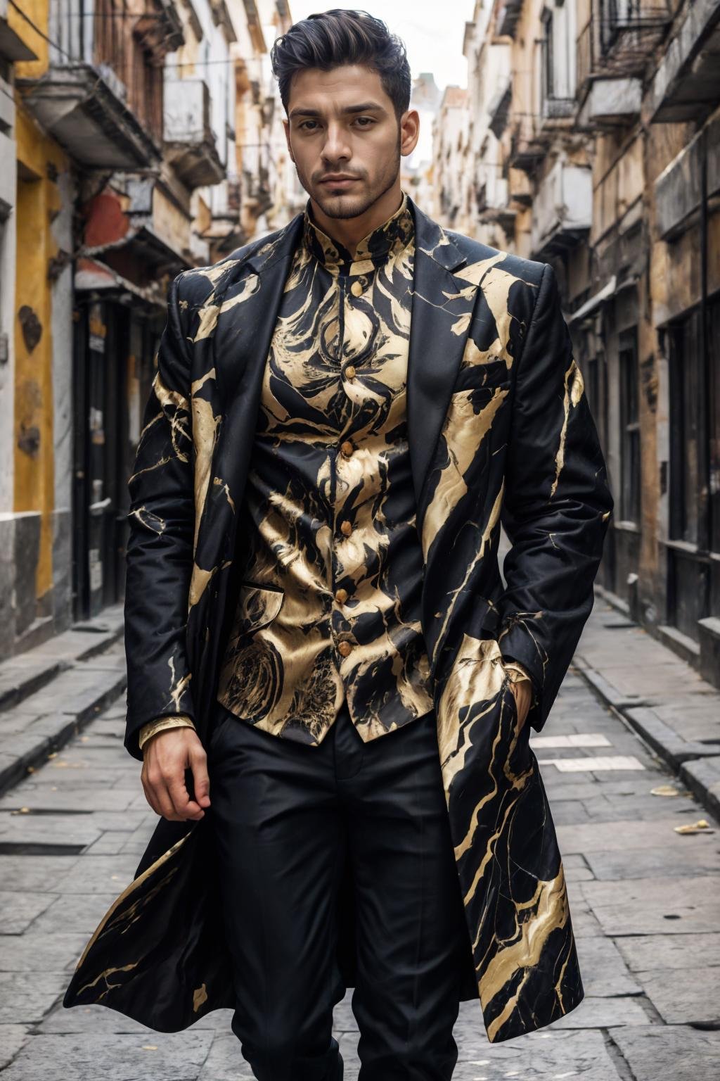 (Colombian man), marb1e4rmor, wearing marble coat, dynamic pose, fighting stance, (city background), street, walking, pants, shirt, close up, realistic, masterpiece, intricate details, detailed background, depth of field, photo of a handsome man,