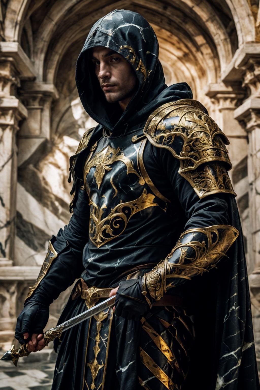 (Danish man), marb1e4rmor, wearing marble rogue armor, dynamic pose, fighting stance, (fantasy medieval background), holding dagger, marble cloak, marble hood, (from side:0.5), realistic, masterpiece, intricate details, detailed background, depth of field, photo of a handsome man,