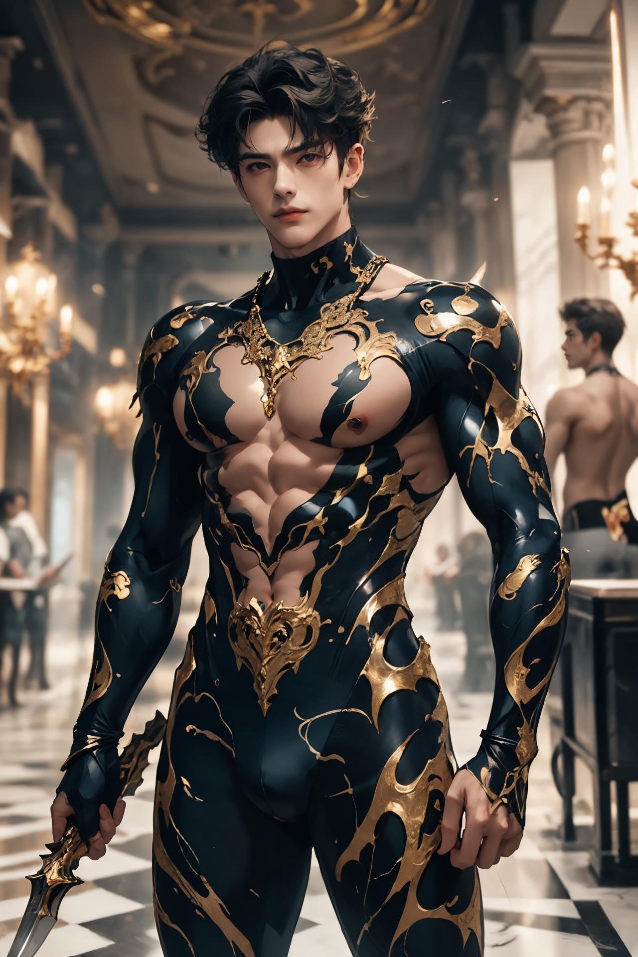 absurdres, intricate details, masterpiece, best quality, high resolution, 8k, (1boy:1.3), (marb1e4rmor, marble bodysuit, weapon:1.2), looking at viewer, smirk, Manhuanan,(muscular, large pectorals, abs), shiny white skin, detailed face, red eyes, black hair, eye reflection, blue necklace, indoors, (full body:0.8), detailed background, cinematic lighting <lora:chinesemalelikeness3:0.5> <lora:NIJI动漫男风格_v1.0:0.5> <lora:Clothing - Gold Black Marble Armor:0.6>