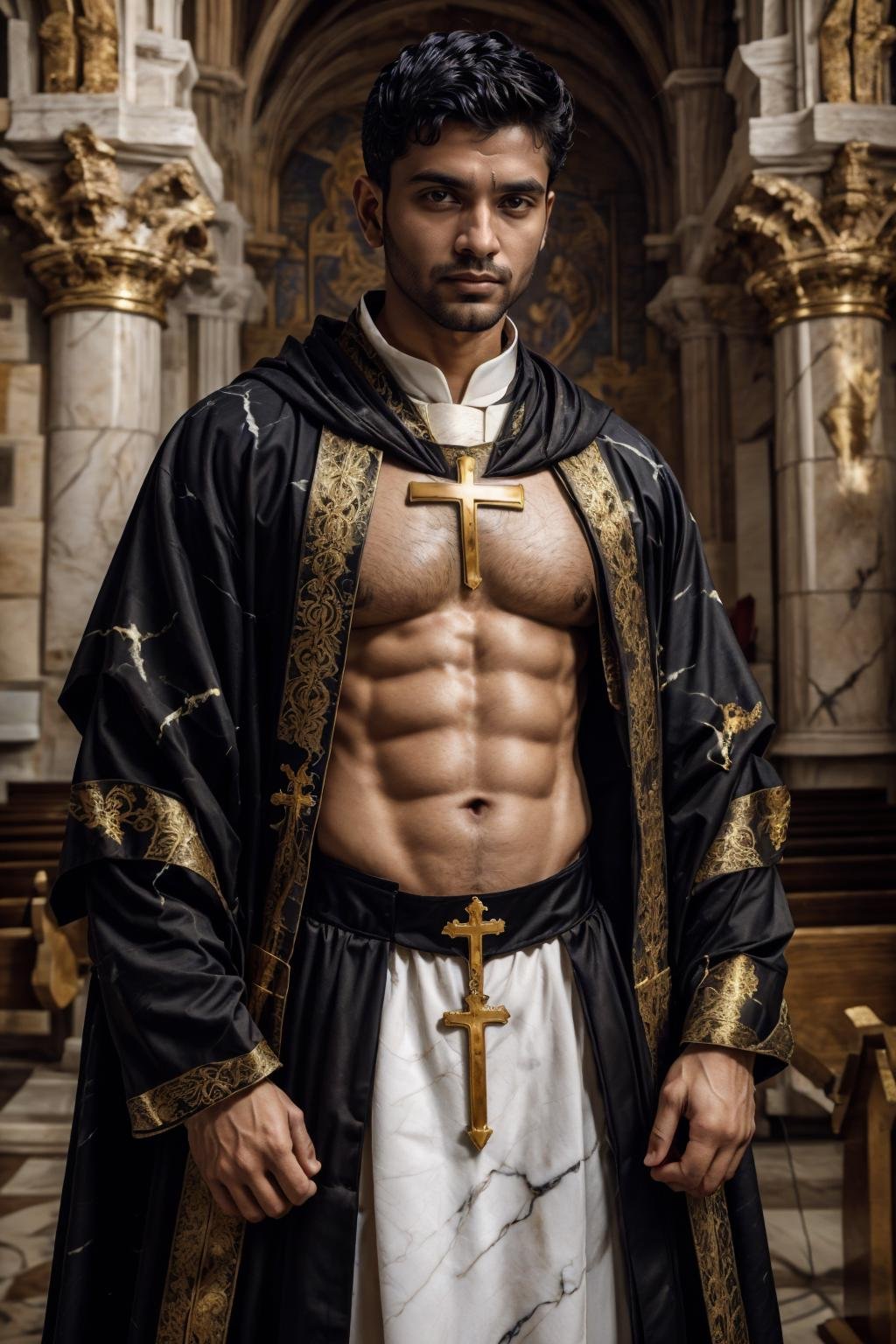 (Indian man), marb1e4rmor, wearing marble priest robe, dynamic pose, fighting stance, (fantasy medieval church background), cross, black gold marble tabard, close up, realistic, masterpiece, intricate details, detailed background, depth of field, photo of a handsome man,