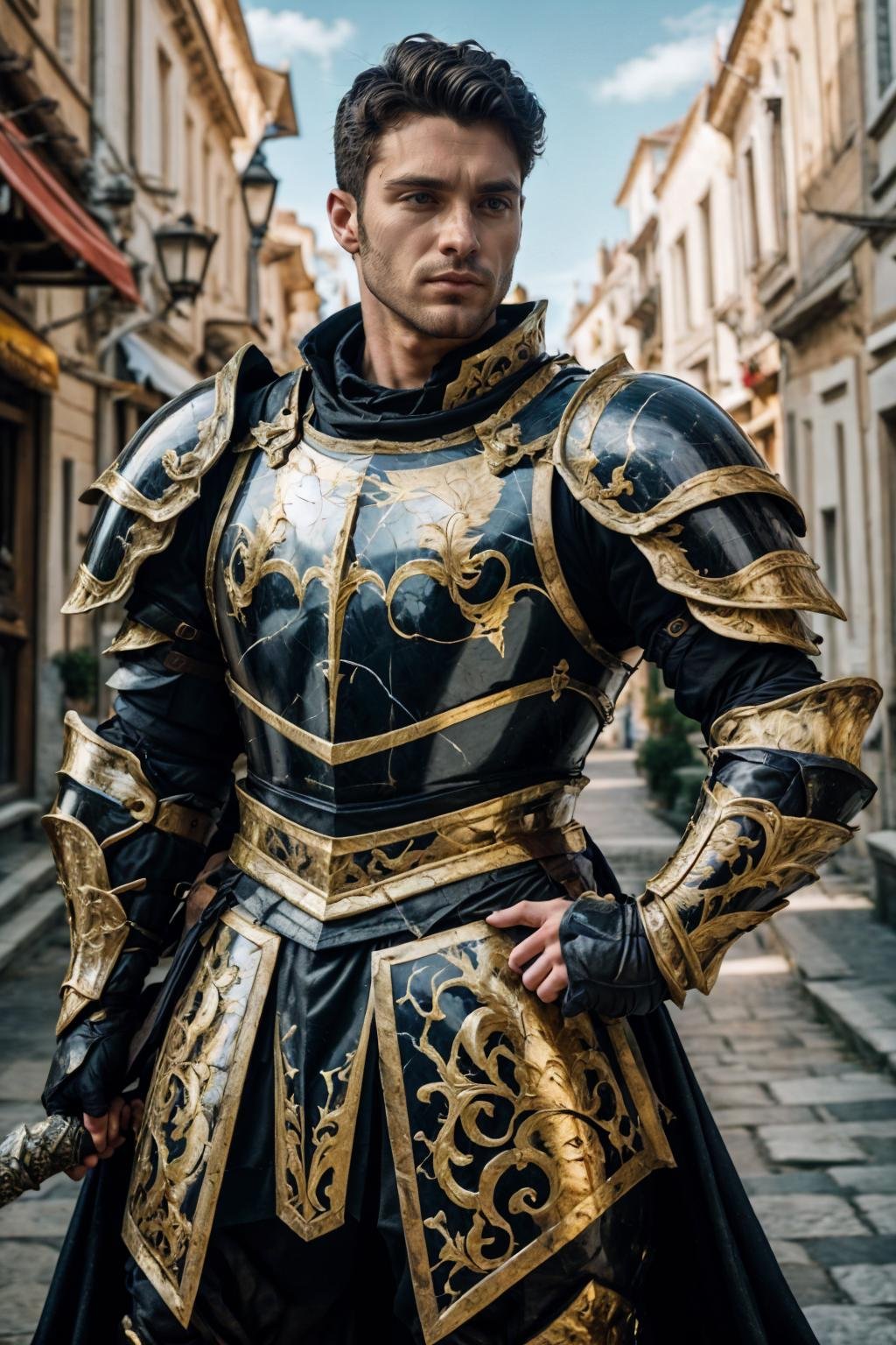 (Canadian man), marb1e4rmor, wearing marble knight armor, dynamic pose, fighting stance, (fantasy medieval city background), holding sword, outdoors, close up, realistic, masterpiece, intricate details, detailed background, depth of field, photo of a handsome man,