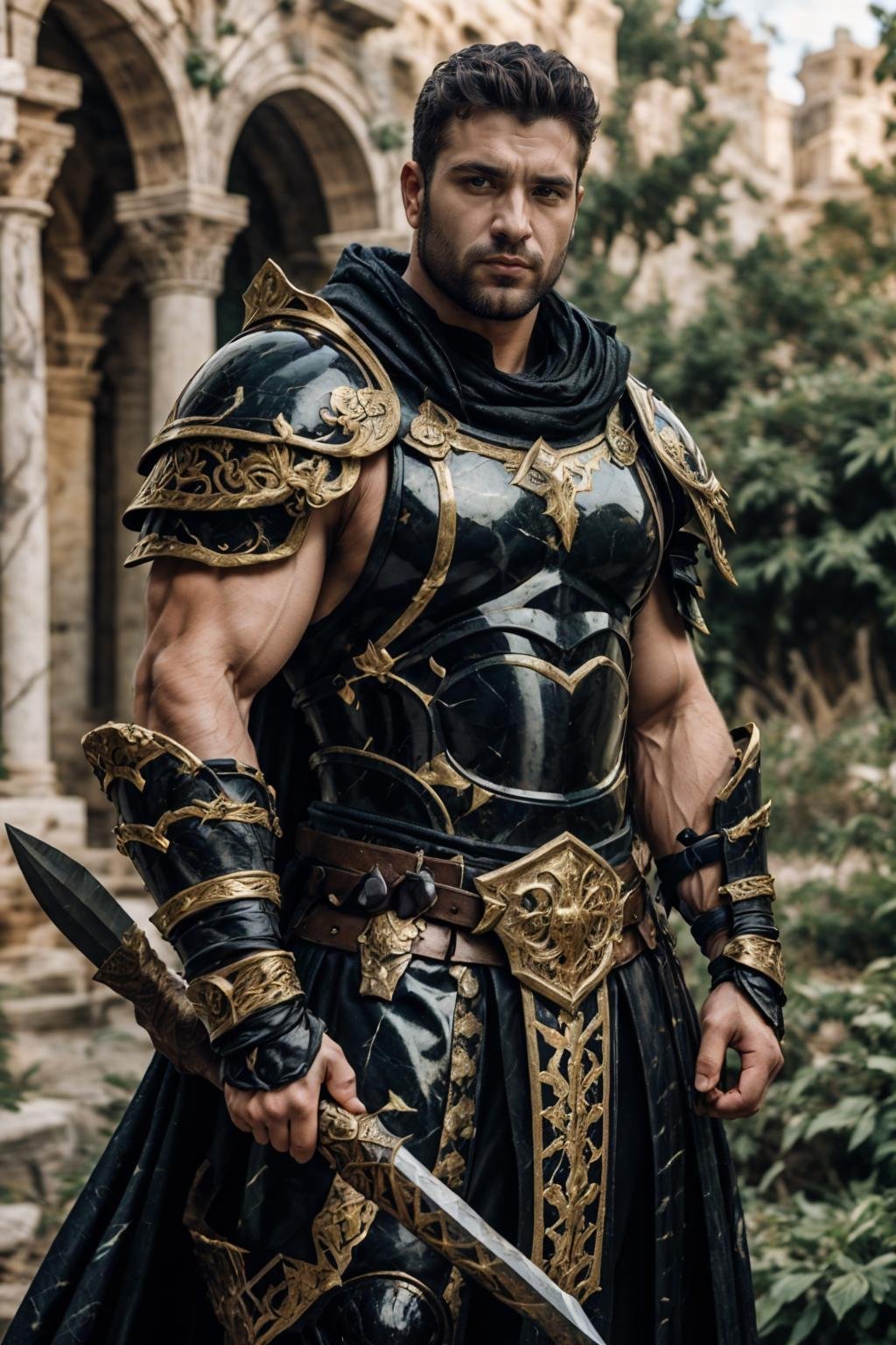 (Syrian man), marb1e4rmor, wearing marble barbarian armor, dynamic pose, fighting stance, (fantasy medieval background), outdoors, nature, holding weapon,, realistic, masterpiece, intricate details, detailed background, depth of field, photo of a handsome man,