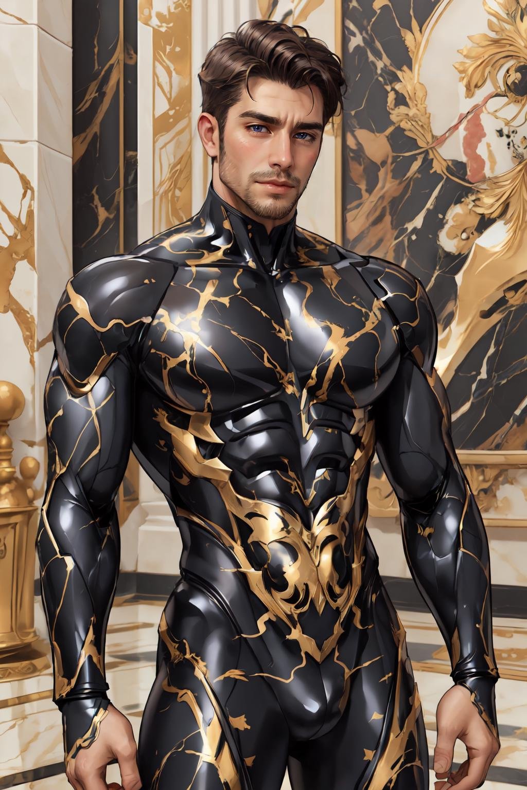 <lora:Clothing - Gold Black Marble Armor:.5>, ((marb1e4rmor, marble, marble bodysuit )), aroused face, blush, masterpiece, highly detailed face and skin, hyperrealistic, male only, bara, mature, stubble, muscular male, handsome,