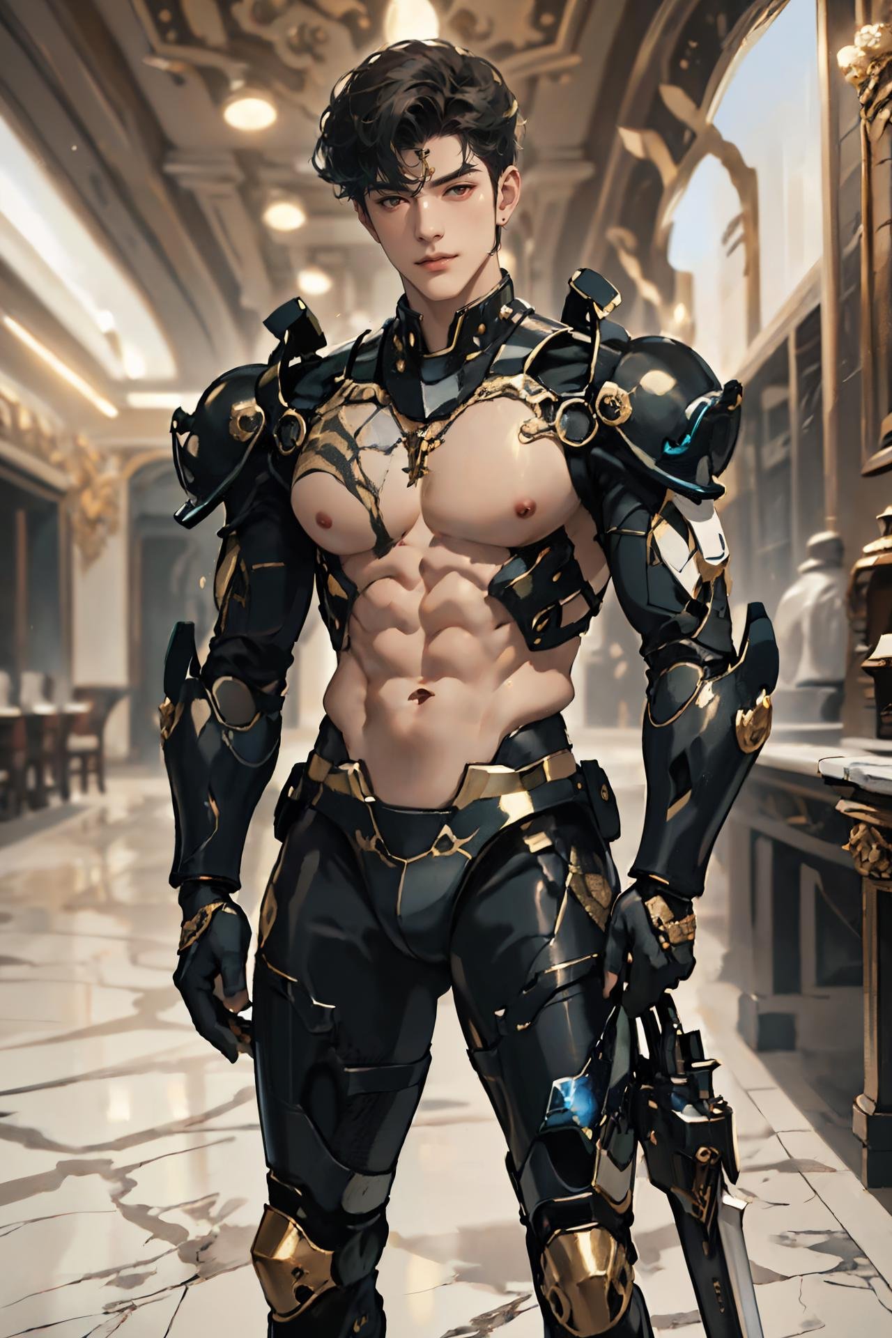 absurdres, intricate details, masterpiece, best quality, high resolution, 8k,(1boy:1.3), (marb1e4rmor, marble exosuit, glowing weapon:1.3), looking at viewer, smirk, Manhuanan,(muscular, large pectorals, abs), shiny white skin,detailed face, red eyes, black hair, eye reflection, blue necklace,indoors, (full body:0.8),detailed background, cinematic lighting<lora:chinesemalelikeness3:0.5> <lora:NIJI动漫男风格_v1.0:0.5> <lora:Clothing - Gold Black Marble Armor:0.6>