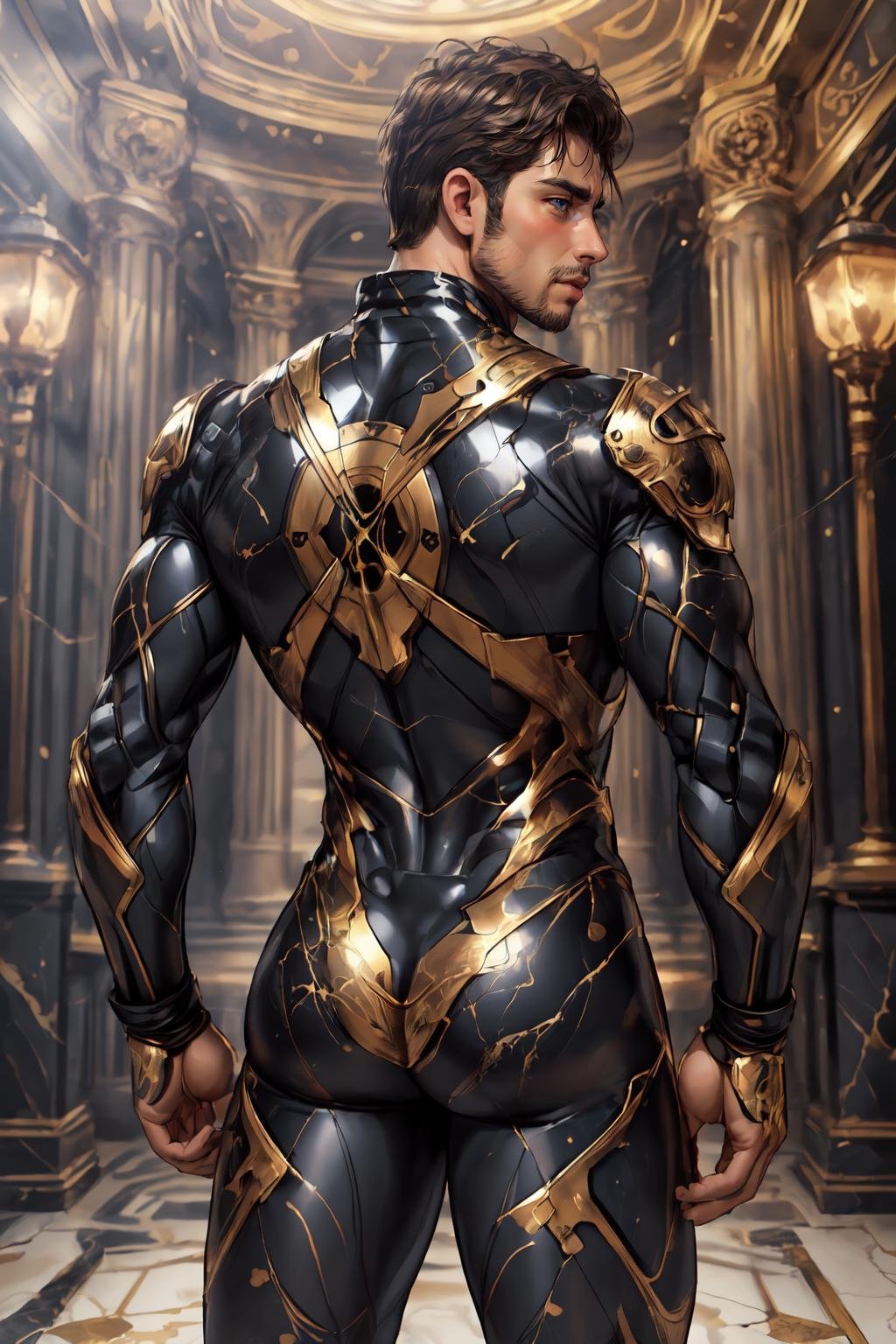 <lora:Clothing - Gold Black Marble Armor:.5>, ((marb1e4rmor, marble, marble bodysuit )), aroused face, blush, (homoerotic), masterpiece, highly detailed face and skin, hyperrealistic, male only, bara, mature, stubble, muscular male, handsome, male focus, spot lights, volumetric lighting, dramatic lighting, bokeh,  (close-up shot), ((cinematic lighting, realistic, detailed background, clear texture, best background, depth of field,light particles,(Balance and coordination between all things),real light and shadow, perspective, composition, adventurous, energy, exploration, contrast, experimental, unique <lora:style_adddetail:.7><lora:style_breakrealize:0>,from back and from below, leaning, (detailed background, cinematic, detailed, atmospheric, epic, concept art, masterpiece, best quality, 8k, ultrarealsitc), realistic,