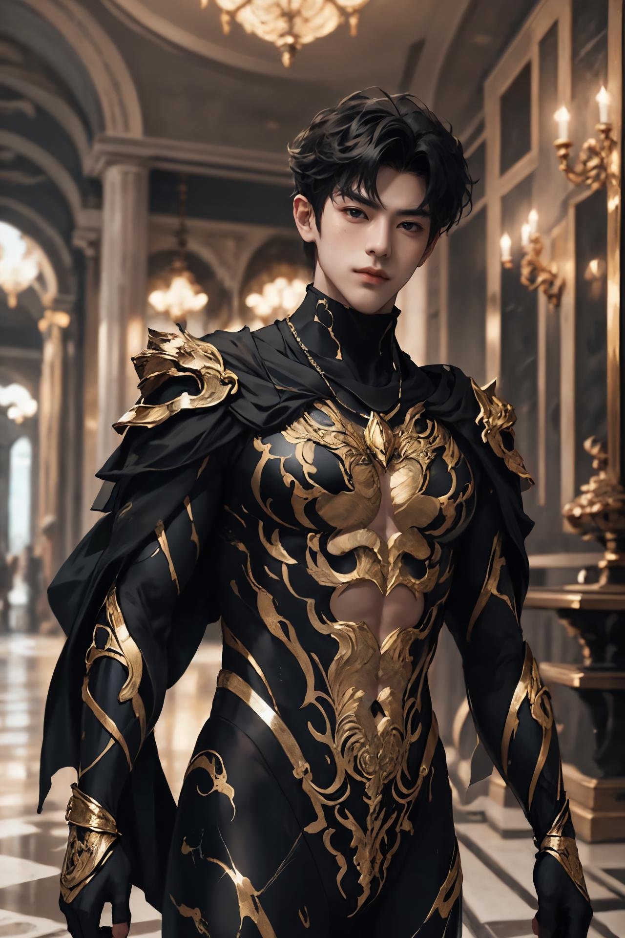 absurdres, intricate details, masterpiece, best quality, high resolution, 8k,1boy, (marb1e4rmor, marble bodysuit:1.2), cape,looking at viewer, smirk, Manhuanan,(muscular, large pectorals, abs), shiny white skin,detailed face, red eyes, black hair, eye reflection, blue necklace,indoors, (full body:0.6), marble,detailed background, cinematic lighting<lora:chinesemalelikeness3:0.5> <lora:NIJI动漫男风格_v1.0:0.6> <lora:Clothing - Gold Black Marble Armor:0.6>