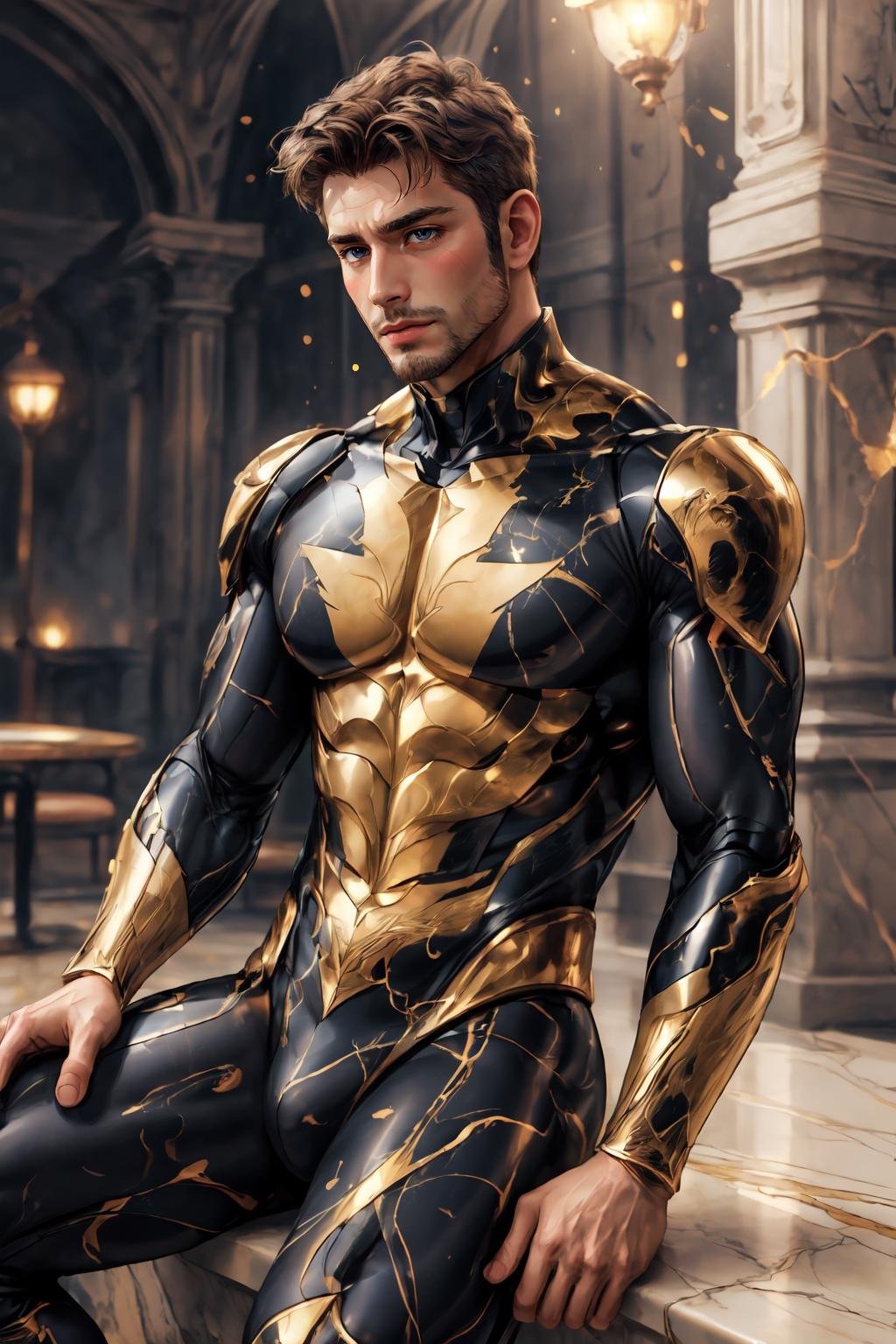 <lora:Clothing - Gold Black Marble Armor:.5>, ((marb1e4rmor, marble, marble bodysuit )), aroused face, blush, (homoerotic), masterpiece, highly detailed face and skin, hyperrealistic, male only, bara, mature, stubble, muscular male, handsome, male focus, spot lights, volumetric lighting, dramatic lighting, bokeh,  (close-up shot), ((cinematic lighting, realistic, detailed background, clear texture, best background, depth of field,light particles,(Balance and coordination between all things),real light and shadow, perspective, composition, adventurous, energy, exploration, contrast, experimental, unique <lora:style_adddetail:.7><lora:style_breakrealize:1>,close-up, sitting, (detailed background, cinematic, detailed, atmospheric, epic, concept art, masterpiece, best quality, 8k, ultrarealsitc), realistic,