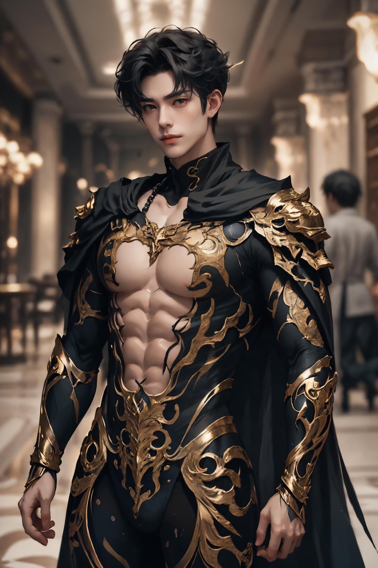 absurdres, intricate details, masterpiece, best quality, high resolution, 8k,1boy, (marb1e4rmor, marble bodysuit:1.2), cape,looking at viewer, smirk, Manhuanan,(muscular, large pectorals, abs), shiny white skin,detailed face, red eyes, black hair, eye reflection, blue necklace,indoors, (full body:0.8),detailed background, cinematic lighting<lora:chinesemalelikeness3:0.5> <lora:NIJI动漫男风格_v1.0:0.6> <lora:Clothing - Gold Black Marble Armor:0.6>