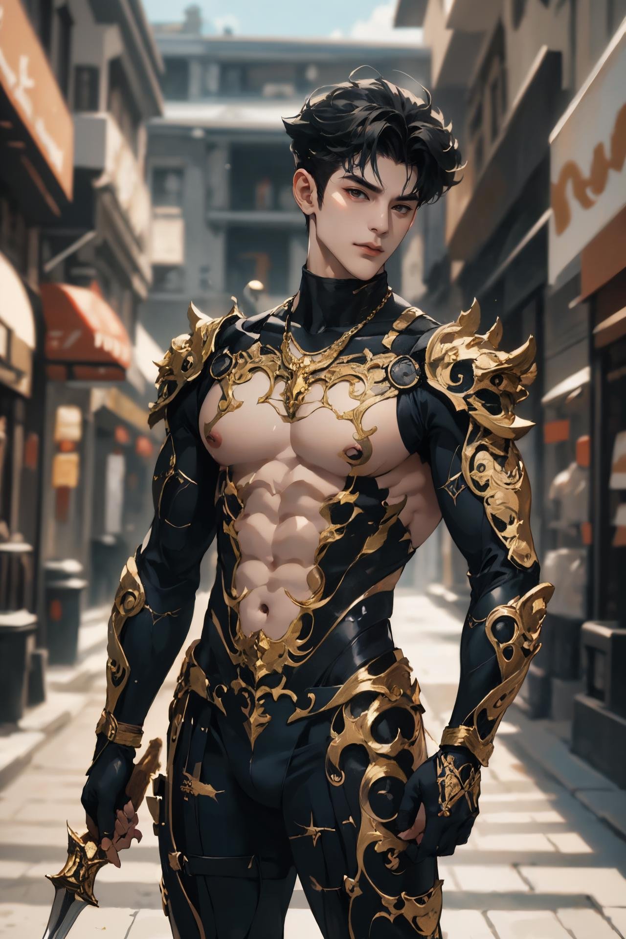 absurdres, intricate details, masterpiece, best quality, high resolution, 8k, (1boy:1.3), (marb1e4rmor, marble bodysuit, weapon:1.2), looking at viewer, smirk, Manhuanan,(muscular, large pectorals, abs), shiny white skin, detailed face, red eyes, black hair, eye reflection, blue necklace, outdoors, (full body:0.8), detailed background, cinematic lighting <lora:chinesemalelikeness3:0.5> <lora:NIJI动漫男风格_v1.0:0.5> <lora:Clothing - Gold Black Marble Armor:0.6>