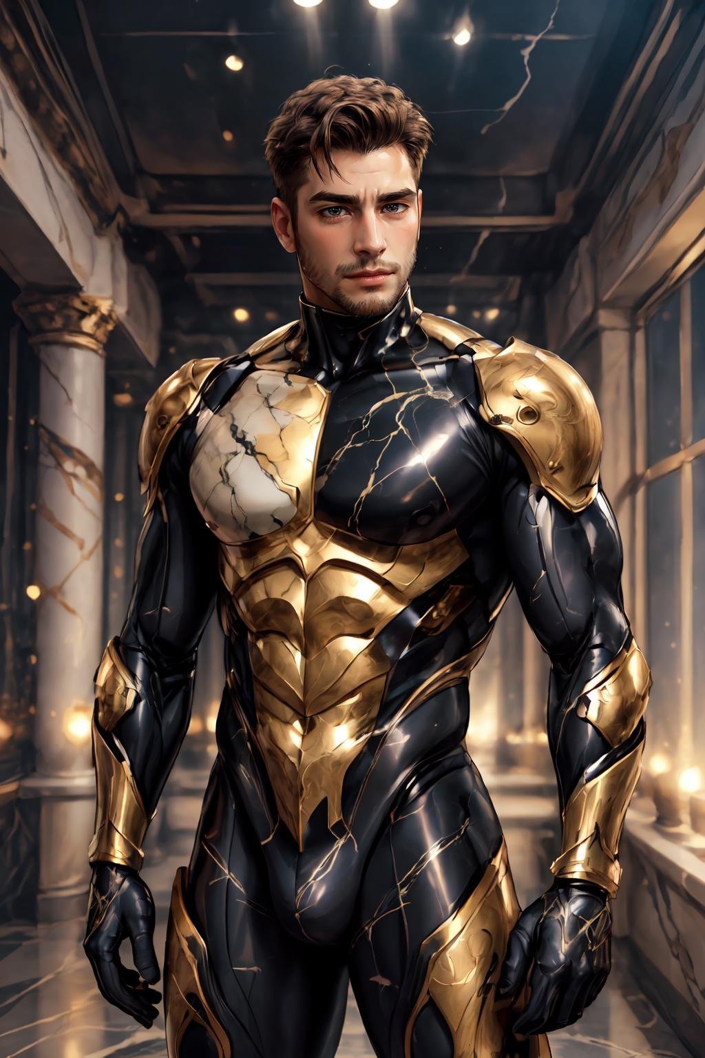 <lora:Clothing - Gold Black Marble Armor:.5>, ((marb1e4rmor, marble, marble bodysuit )), aroused face, blush, (homoerotic), masterpiece, highly detailed face and skin, hyperrealistic, male only, bara, mature, stubble, muscular male, handsome, male focus, spot lights, volumetric lighting, dramatic lighting, bokeh,  (close-up shot), ((cinematic lighting, realistic, detailed background, clear texture, best background, depth of field,light particles,(Balance and coordination between all things),real light and shadow, perspective, composition, adventurous, energy, exploration, contrast, experimental, unique <lora:style_adddetail:.7><lora:style_breakrealize:1>,from above and pov, standing, (detailed background, cinematic, detailed, atmospheric, epic, concept art, masterpiece, best quality, 8k, ultrarealsitc), realistic,