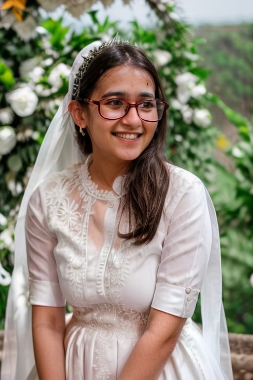 1girl, wearing glasses, wearing white wedding dress