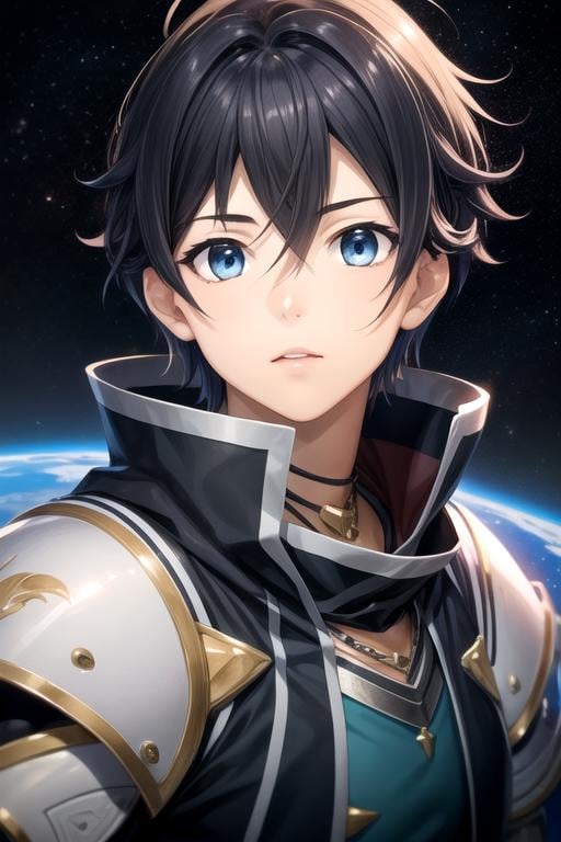 masterpiece, best quality, game cg, 1boy, solo, male focus, looking at viewer, , depth of field, , realistic, <lora:yuuki_princess_connect:0.74>, yuuki_princess_connect, black hair, blue eyes, , , space opera,