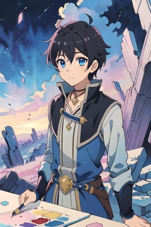 masterpiece, best quality, movie still, 1boy, solo, male focus, looking at viewer, , , (watercolor illustration, soft pastel colors:1.1), , <lora:yuuki_princess_connect:0.68>, yuuki_princess_connect, black hair, blue eyes, , The Shattering Isles,