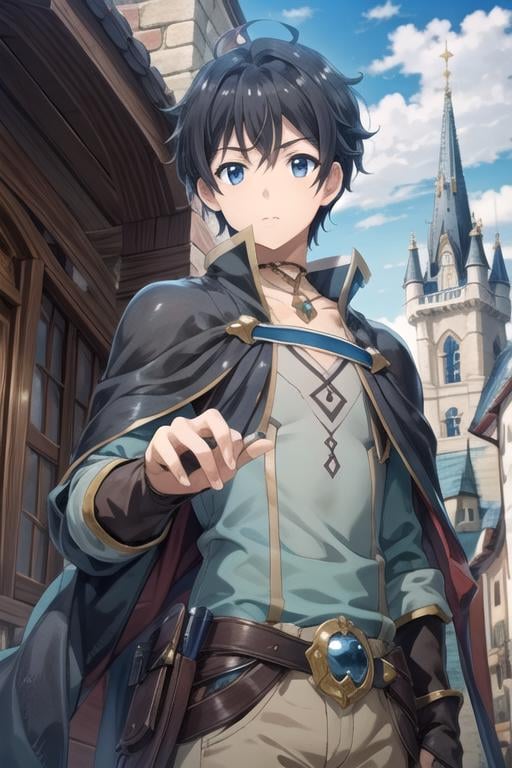 masterpiece, best quality, game cg, 1boy, solo, male focus, looking at viewer, , depth of field, , realistic, <lora:yuuki_princess_connect:0.70>, yuuki_princess_connect, black hair, blue eyes, , The Castle of Shadows,