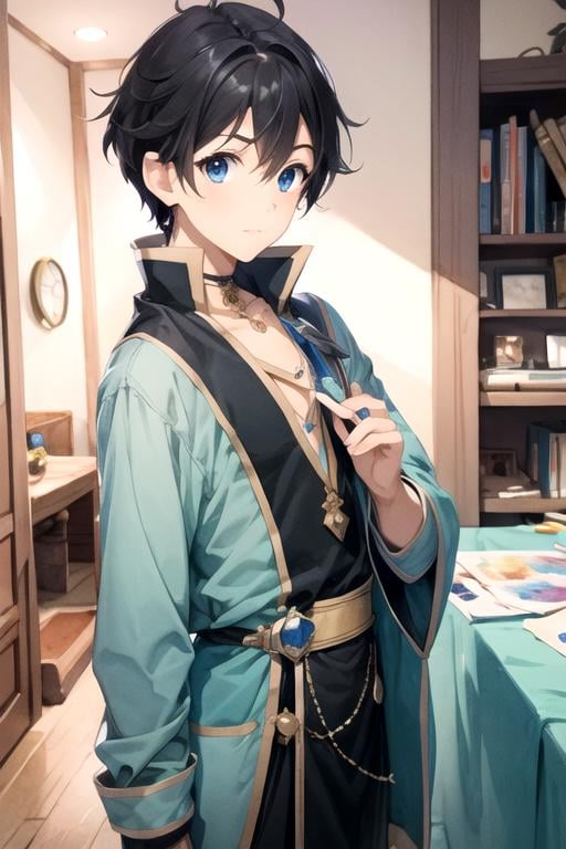 masterpiece, best quality, illustration, 1boy, solo, male focus, looking at viewer, , , (watercolor illustration, soft pastel colors:1.1), , <lora:yuuki_princess_connect:0.74>, yuuki_princess_connect, black hair, blue eyes, native american costume, science fiction detective,