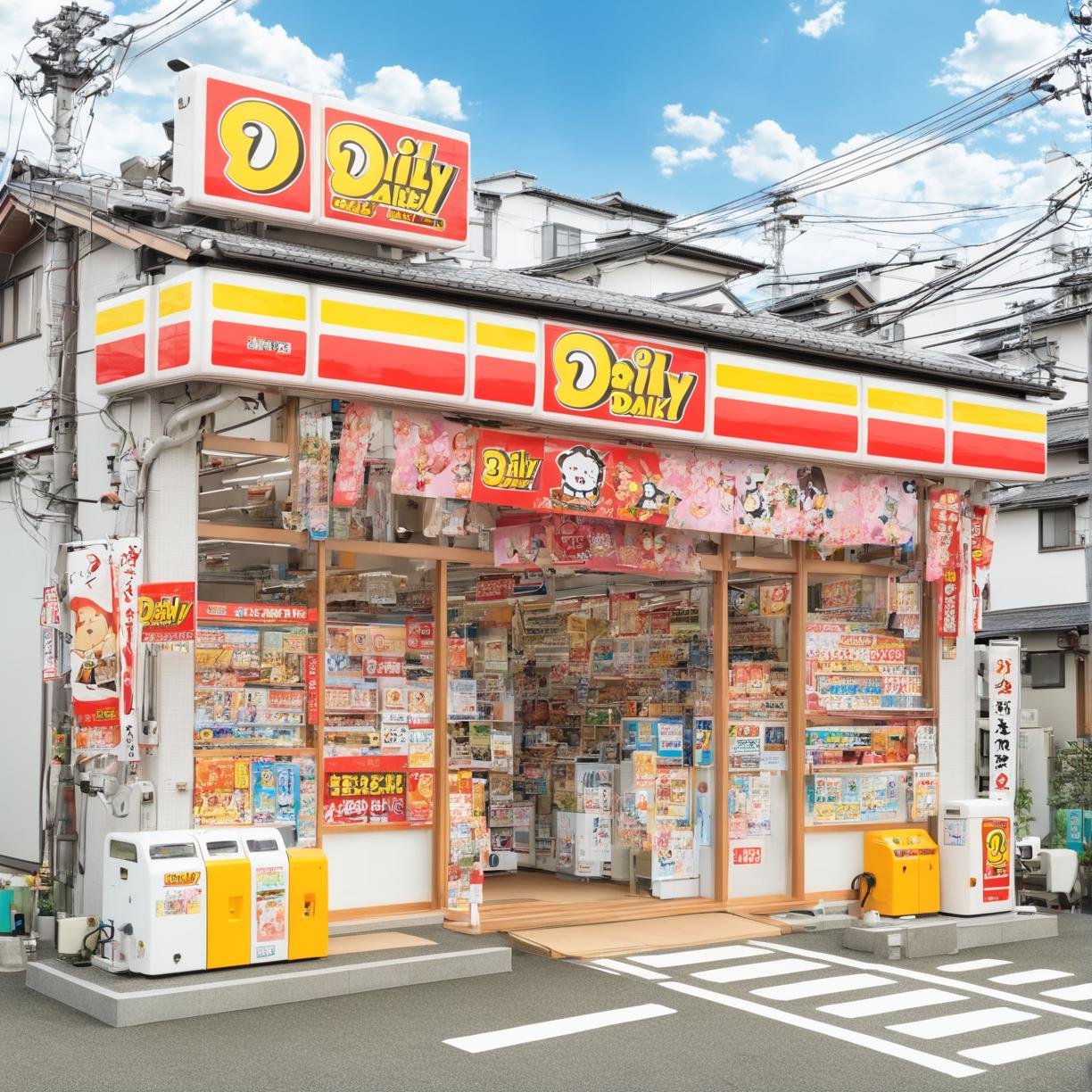 masterpiece, best quality, ultra-detailed, illustration,YamazakiDaily, konbini, scenery, storefront, japan, scenery, shop, outdoors, ground vehicle, road, convenience store, motor vehicle, real world location, sky, street, car, day, blue sky, building, sign, power lines, utility pole <lora:YamazakiDairyStore_JAPAN_storefront_SDXL_V1:1>