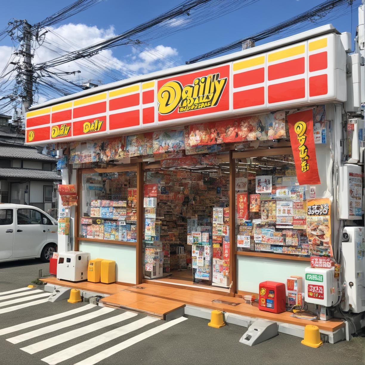 masterpiece, best quality, ultra-detailed, illustration,YamazakiDaily, konbini, scenery, storefront, japan, ground vehicle, outdoors, sky, cloud, motor vehicle, car, scenery, day, convenience store, road, blue sky, shop, power lines, utility pole, street <lora:YamazakiDairyStore_JAPAN_storefront_SDXL_V1:1>