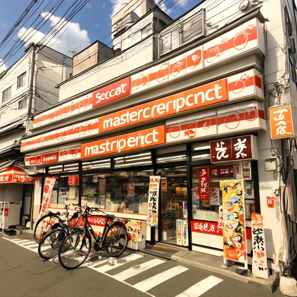 masterpiece, best quality, ultra-detailed, illustration,secoma, konbini, scenery, storefront, japan, bicycle, ground vehicle, outdoors, scenery, road, street, building, shop, storefront, sky, city, cloud, sign, sidewalk, day <lora:secoma_storefront_SDXL_V1:1>