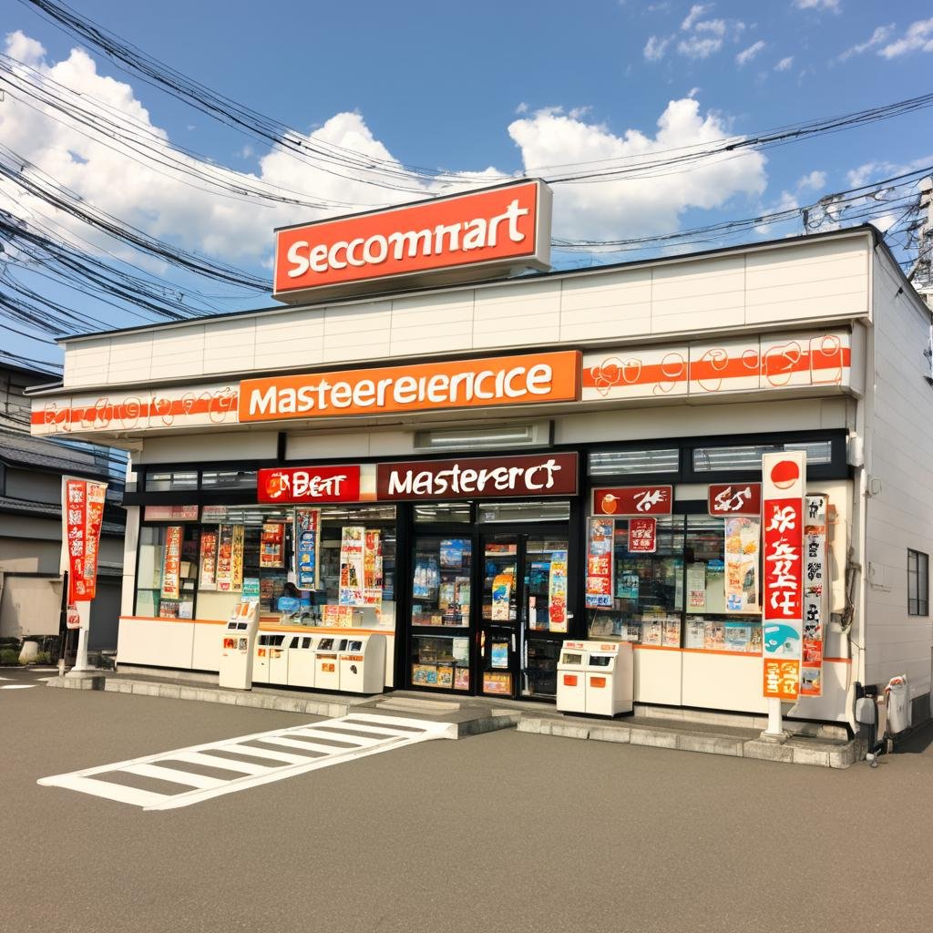masterpiece, best quality, ultra-detailed, illustration,secoma, konbini, scenery, storefront, japan, scenery, outdoors, sky, cloud, day, shop, blue sky, tree, convenience store, road, sign, power lines, building, cloudy sky, utility pole, real world location, lamppost <lora:secoma_storefront_SDXL_V1:1>