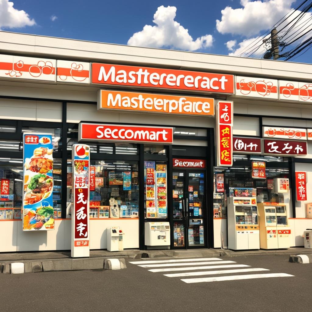 masterpiece, best quality, ultra-detailed, illustration,secoma, konbini, scenery, storefront, japan, scenery, outdoors, sky, cloud, day, shop, blue sky, tree, convenience store, road, sign, power lines, building, cloudy sky, utility pole, real world location, lamppost <lora:secoma_storefront_SDXL_V1:1>