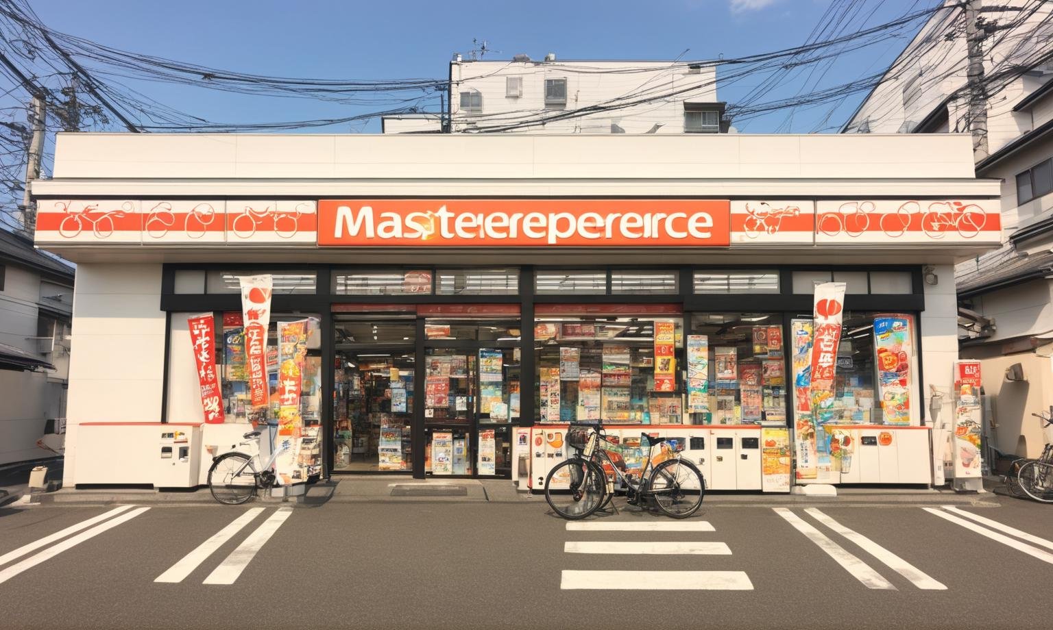 masterpiece, best quality, ultra-detailed, illustration,secoma, konbini, scenery, storefront, japan, ground vehicle, motor vehicle, car, outdoors, building, road, scenery, bicycle, power lines, shop, street, utility pole, convenience store, sky, city, day, tree, real world location <lora:secoma_storefront_SDXL_V1:1>