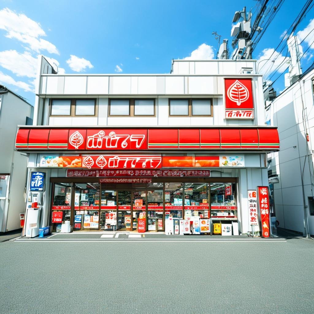 masterpiece, best quality, ultra-detailed, illustration,popura, konbini, scenery, storefront, japan, scenery, ground vehicle, motor vehicle, outdoors, real world location, road, shop, sky, convenience store, sign, blue sky, day, building <lora:popura_storefront_SDXL_V1:1>