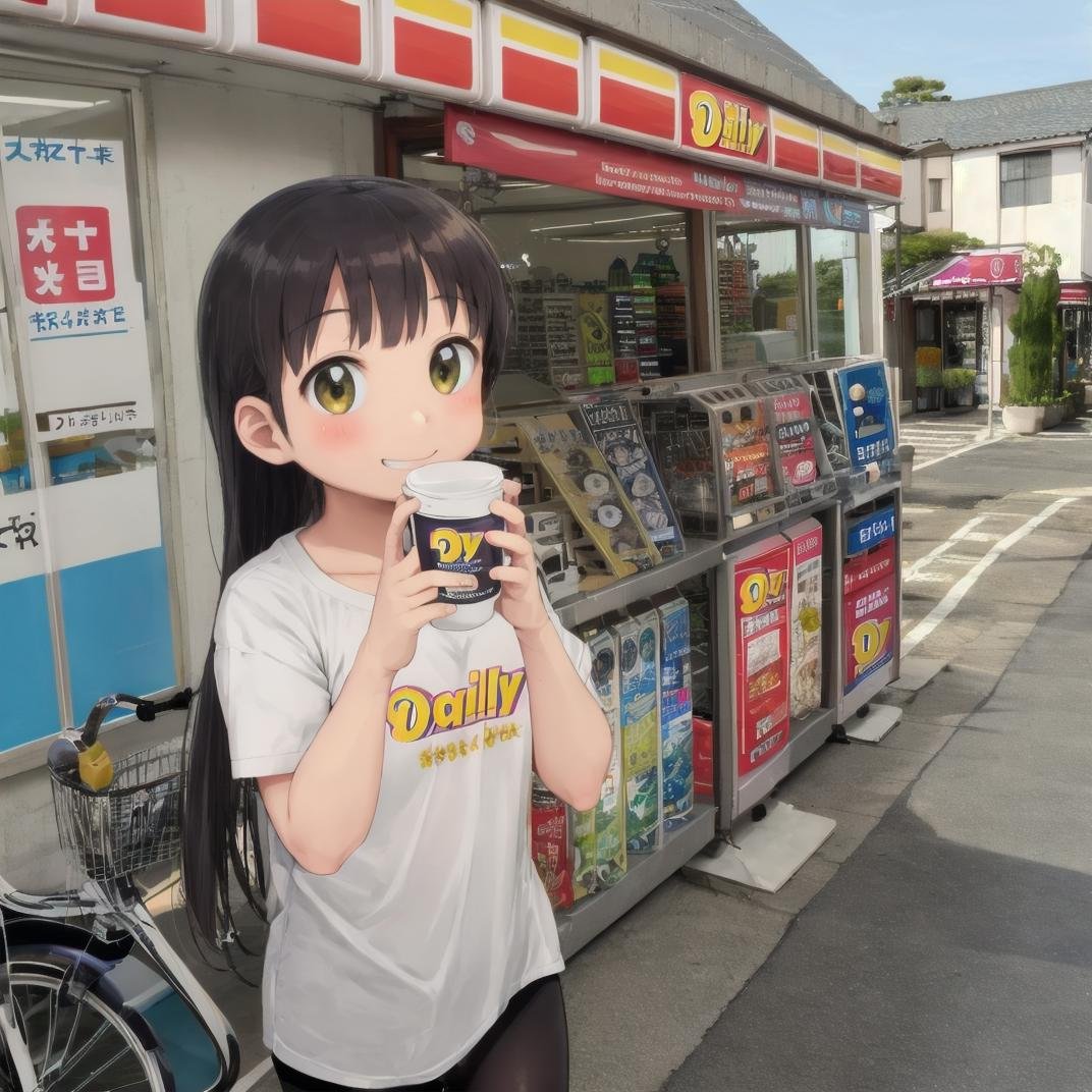 best quality, ultra-detailed, illustration,YamazakiDaily, konbini, scenery, storefront, japan, bicycle, scenery, shop, ground vehicle, outdoors, convenience store, sky, sign, road, building, storefront, day, real world location, blue sky, city, street,(1girl, solo:1.4), black hair, long hair, happy, shy smile, holding, coffee, coffee cup, looking at viewer,  <lora:DailyYAMAZAKI_JAPAN_SD15_V1:1>