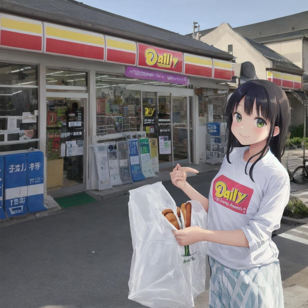 best quality, ultra-detailed, illustration,YamazakiDaily, konbini, scenery, storefront, japan, scenery, shop, outdoors, convenience store, sky, sign, road, building, storefront, day, real world location, blue sky, city, street,(1girl, solo:1.4), black hair, long hair, happy, shy smile, holding, bread, looking at viewer,  <lora:DailyYAMAZAKI_JAPAN_SD15_V1:1>