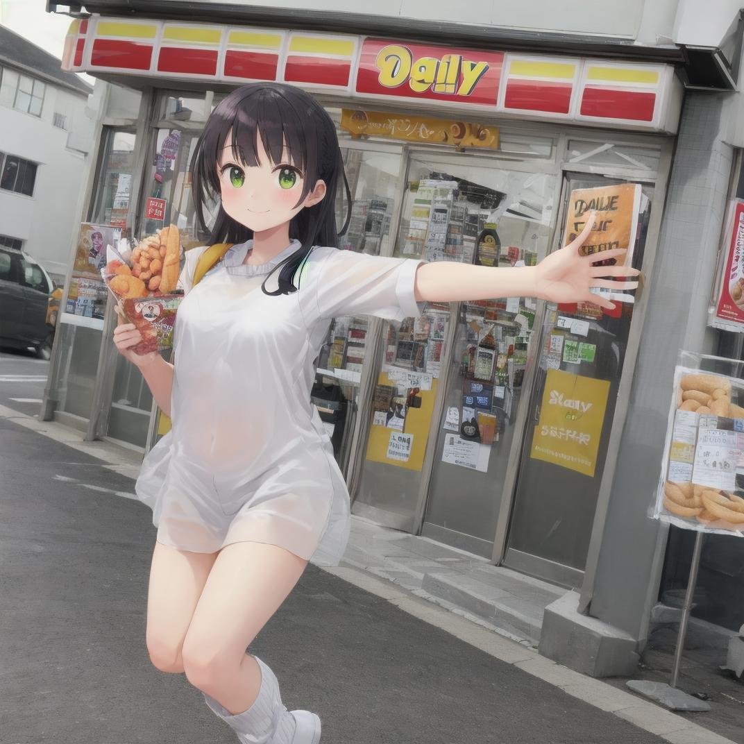 best quality, ultra-detailed, illustration,YamazakiDaily, konbini, scenery, storefront, japan, scenery, shop, outdoors, convenience store, sky, sign, road, building, storefront, day, real world location, blue sky, city, street,(1girl, solo:1.4), black hair, long hair, happy, shy smile, holding, melon bread, looking at viewer,  <lora:DailyYAMAZAKI_JAPAN_SD15_V1:1>