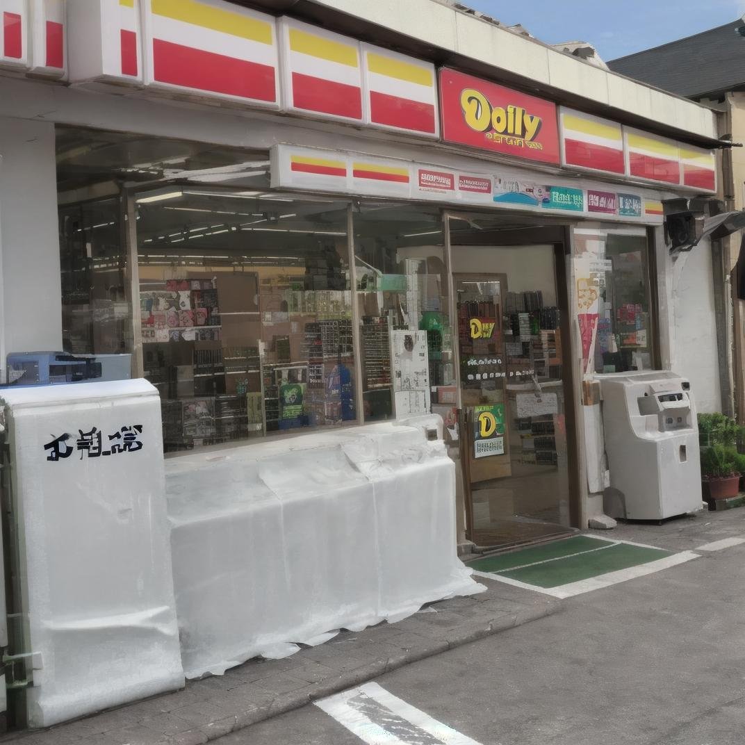 best quality, ultra-detailed, illustration,YamazakiDaily, konbini, scenery, storefront, japan, scenery, shop, outdoors, convenience store, sky, sign, road, building, storefront, day, real world location, blue sky, city, street,(1girl, solo:1.4), black hair, long hair, happy, shy smile, holding, bread, looking at viewer, t-shirt, long skirt,  <lora:DailyYAMAZAKI_JAPAN_SD15_V1:1>