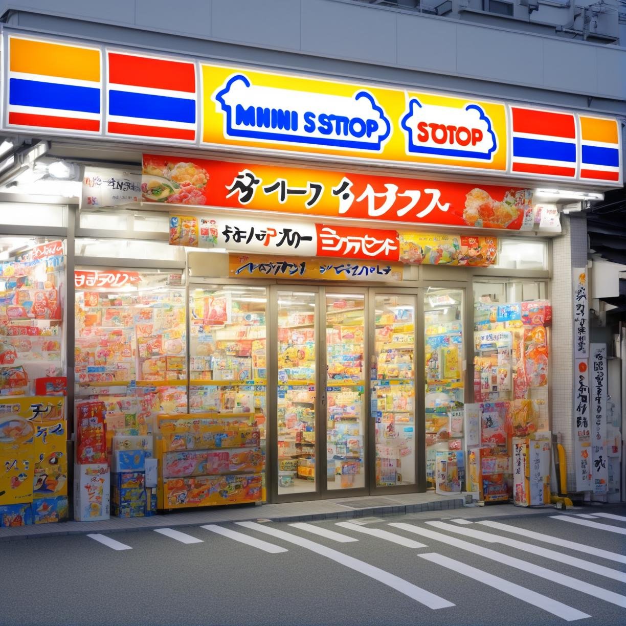 masterpiece, best quality, ultra-detailed, illustration,ministop, konbini, scenery, storefront, japan, shop, outdoors, sign, realistic,  <lora:ministop_SDXL_V1:1> <lora:sd_xl_offset_example-lora_1.0:0.5>