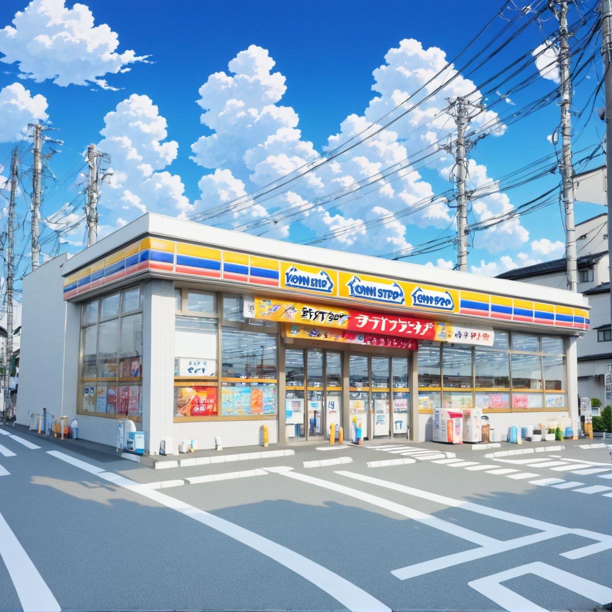 masterpiece, best quality, ultra-detailed, illustration,ministop, konbini, scenery, storefront, japan, cloud, outdoors, sky, car, day, road, shop, blue sky, power lines, cloudy sky, utility pole, street, building, realistic,  <lora:ministop_SDXL_V1:1> <lora:sd_xl_offset_example-lora_1.0:0.5>