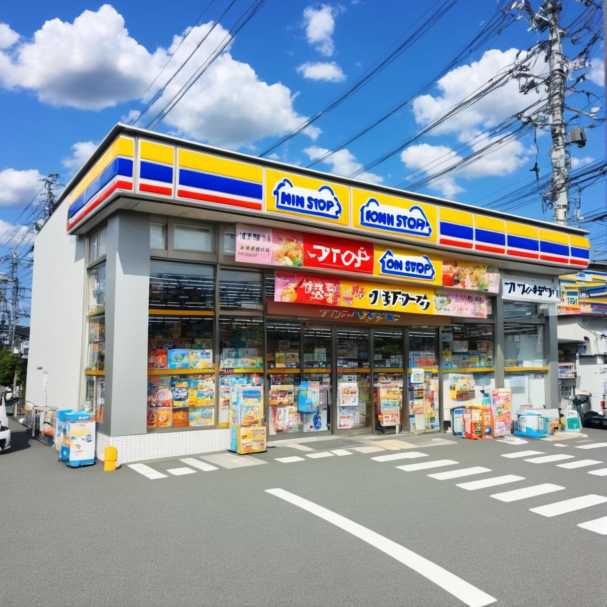 masterpiece, best quality, ultra-detailed, illustration,ministop, konbini, scenery, storefront, japan, cloud, outdoors, sky, car, day, road, shop, blue sky, power lines, cloudy sky, utility pole, street, building, realistic,  <lora:ministop_SDXL_V1:1> <lora:sd_xl_offset_example-lora_1.0:0.5>
