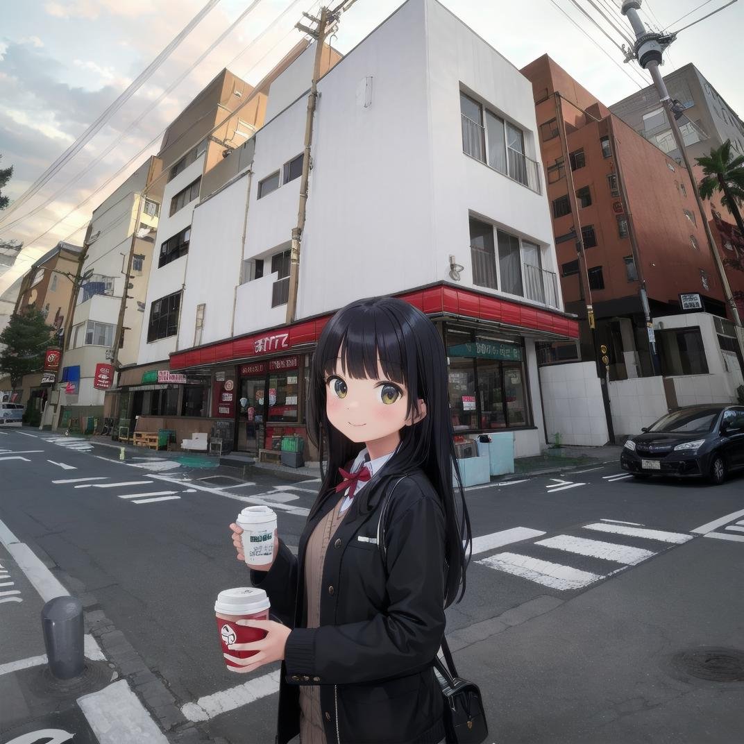 best quality, ultra-detailed, illustration,1girl, solo, black hair, long hair, happy, shy smile, holding, coffee, coffee cup, looking at viewer, popura, konbini, scenery, storefront, japan, road, outdoors, power lines, utility pole, street, building, shop, sky, tree, sign, lamppost <lora:popular-cvs_JAPAN_SD15_V1:0.8> 