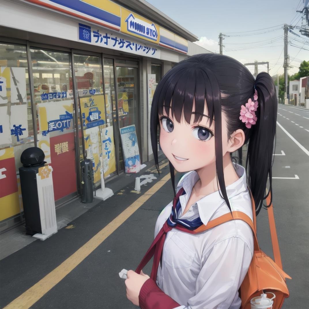 best quality, ultra-detailed, illustration,1girl,solo, black hair, long hair, school uniform, school bag, happy, smile, holding, soft serve, ice cream cone, looking at viewer, upper body,ministop, konbini, scenery, storefront, japan, bicycle, outdoors, road, power lines, utility pole, building, car, sign, street, shop, sky, realistic,<lora:MINISTOP_JAPAN_SD15_V1:0.8>