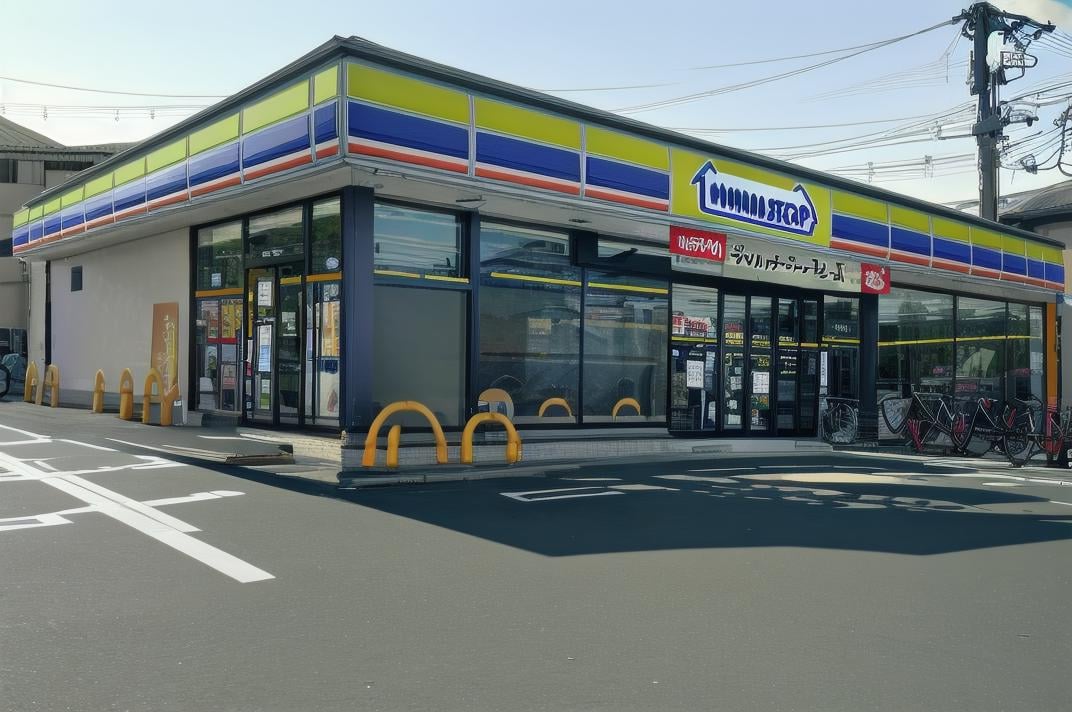 masterpiece, best quality, ultra-detailed, illustration,ministop, konbini, scenery, storefront, japan, bicycle, outdoors, road, power lines, utility pole, building, car, sign, street, shop, sky, realistic, <lora:MINISTOP_JAPAN_SD15_V1:1>
